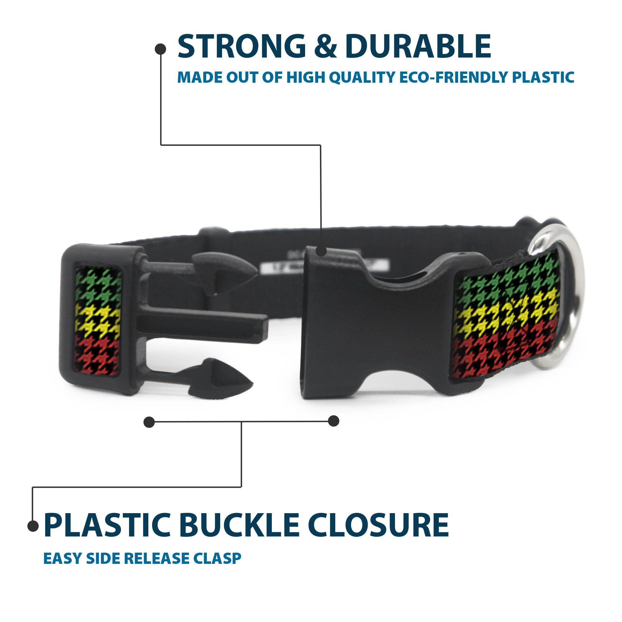 Buckle-Down Plastic Clip Collar - Houndstooth Black/Rasta - 1' Wide - Fits 9-15' Neck - Small