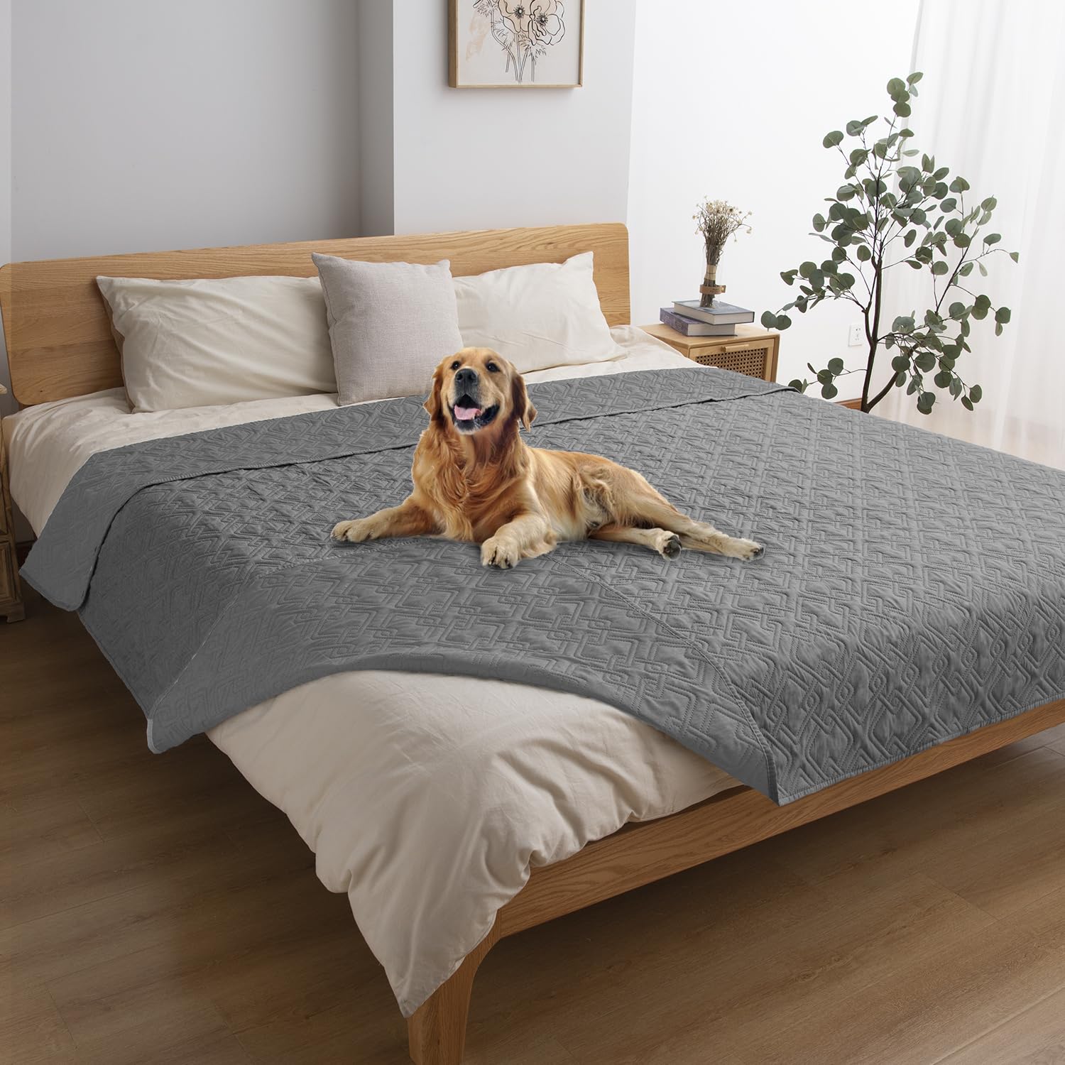 Fuguitex Waterproof Dog Bed Cover Dog Blanket For Pet Furniture Bed Couch Sofa Reversible Linen Texture(82''*102'',Light Grey+ L