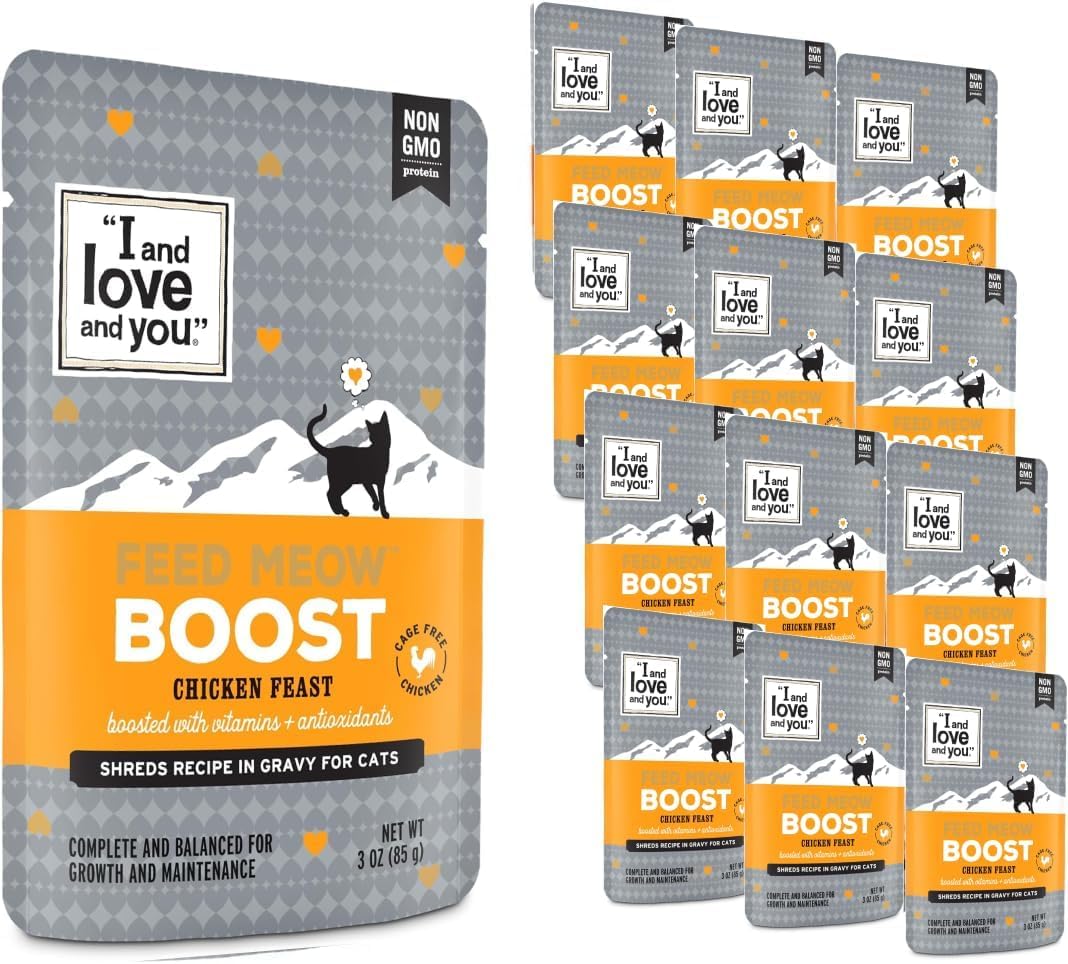 I and love and you Feed Meow Boost Wet Cat Food - Chicken - Antioxidants & Vitamins for Vitality, Grain Free, Shredded, 3oz Pack