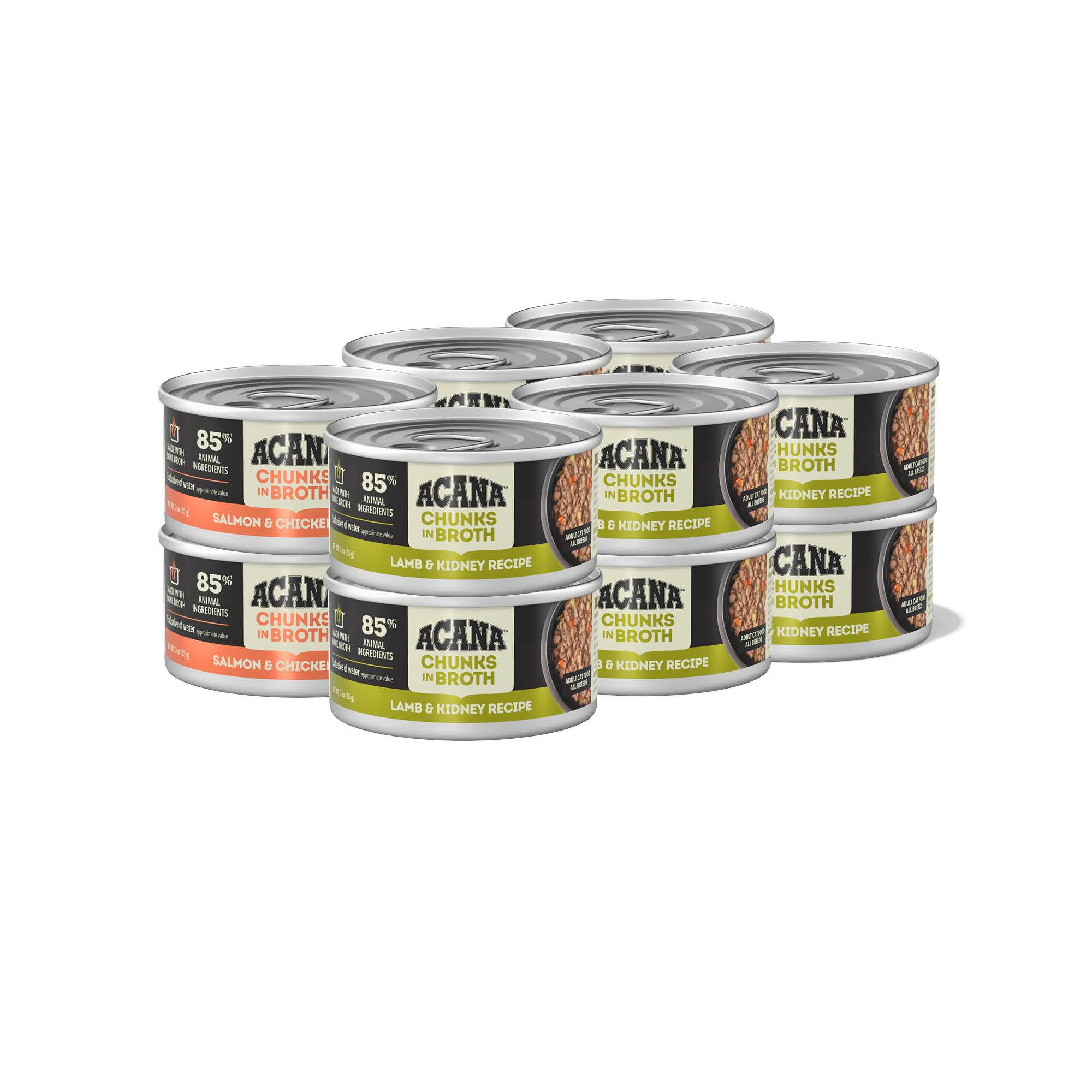 ACANA Chunks in Broth Wet Cat Food Variety Pack: Salmon & Chicken + Lamb & Kidney Recipes 3oz Cans (12 Count, 6 of Each)