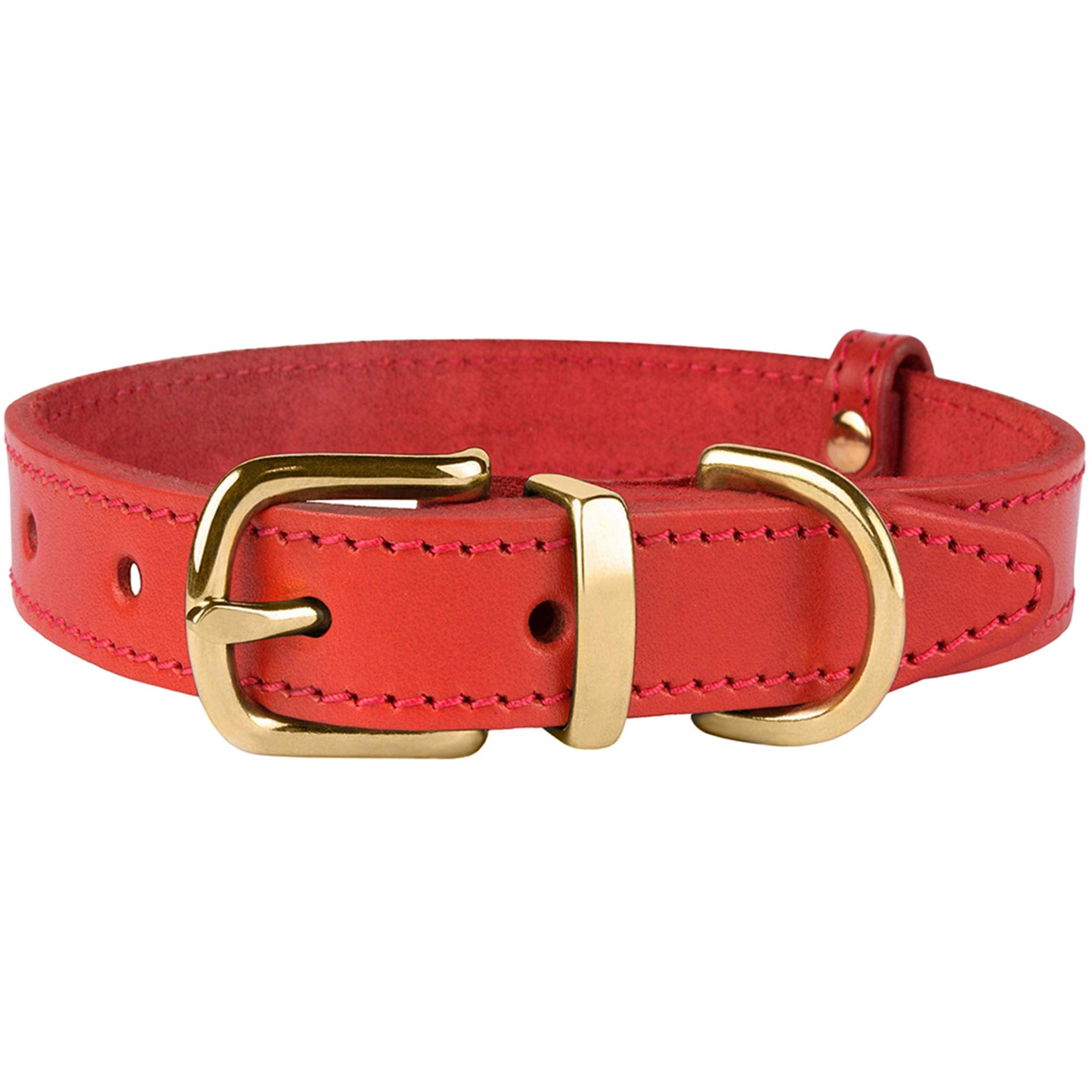 Bronzedog Leather Dog Collar With Metal Buckle Durable Basic Pet Collars For Small Medium Large Dogs (14-17 Inch (Pack Of 1), Red & Gold Buckle)