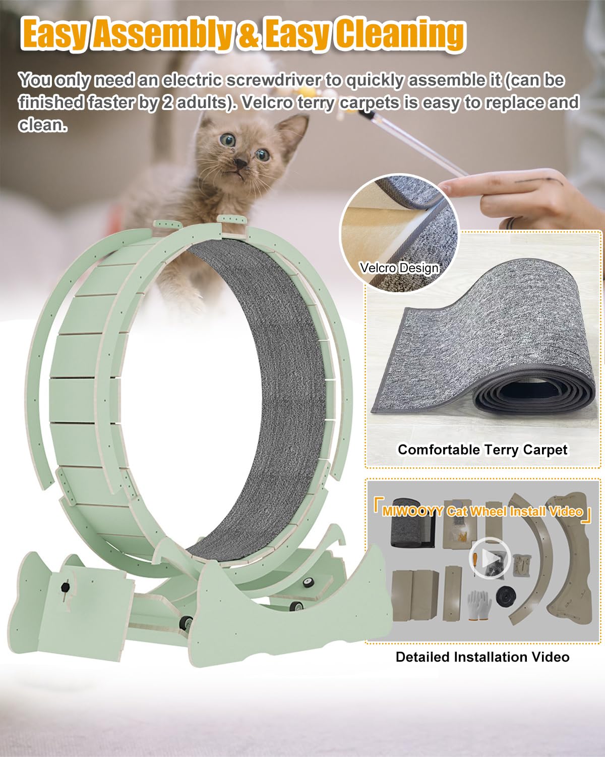 MIWOOYY Large Cat Exercise Wheel 40 Inch - Mint Green Solid Wood Exerciser for Indoor Cats, Safety Treadmill with Lock & Minimiz