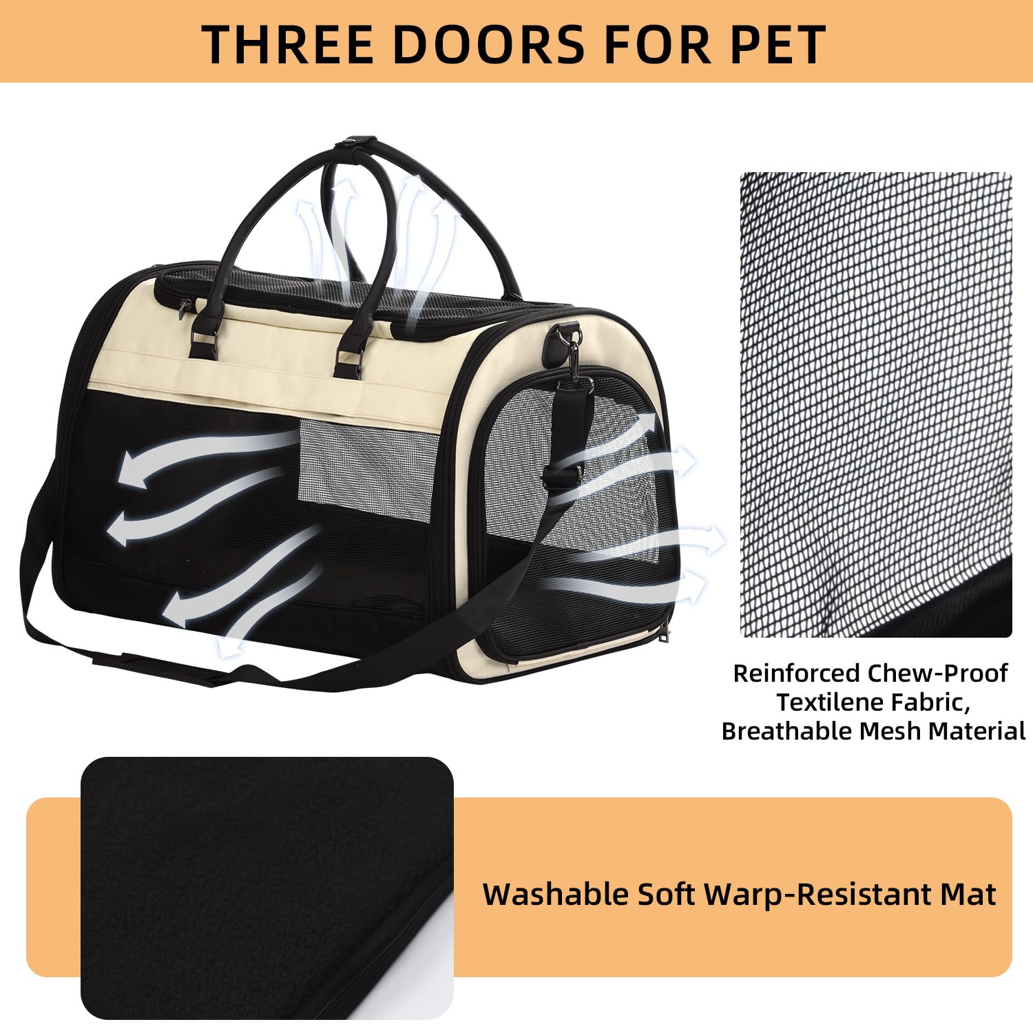 PET MARVEL Cat Carrier Soft Sided, Medium, Black, Airline Approved, Breathable Fabric, Removable Washable Mat, Model USCCB02M