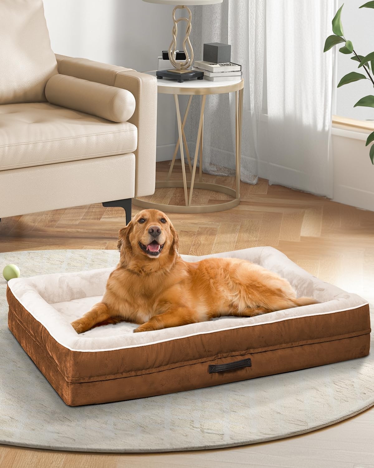 Orthopedic X-Large Dog Bed, Egg Foam Couch With Removable Washable Cover - Waterproof, Non-Slip, Four-Sided Bolster Dogs Bed, Br