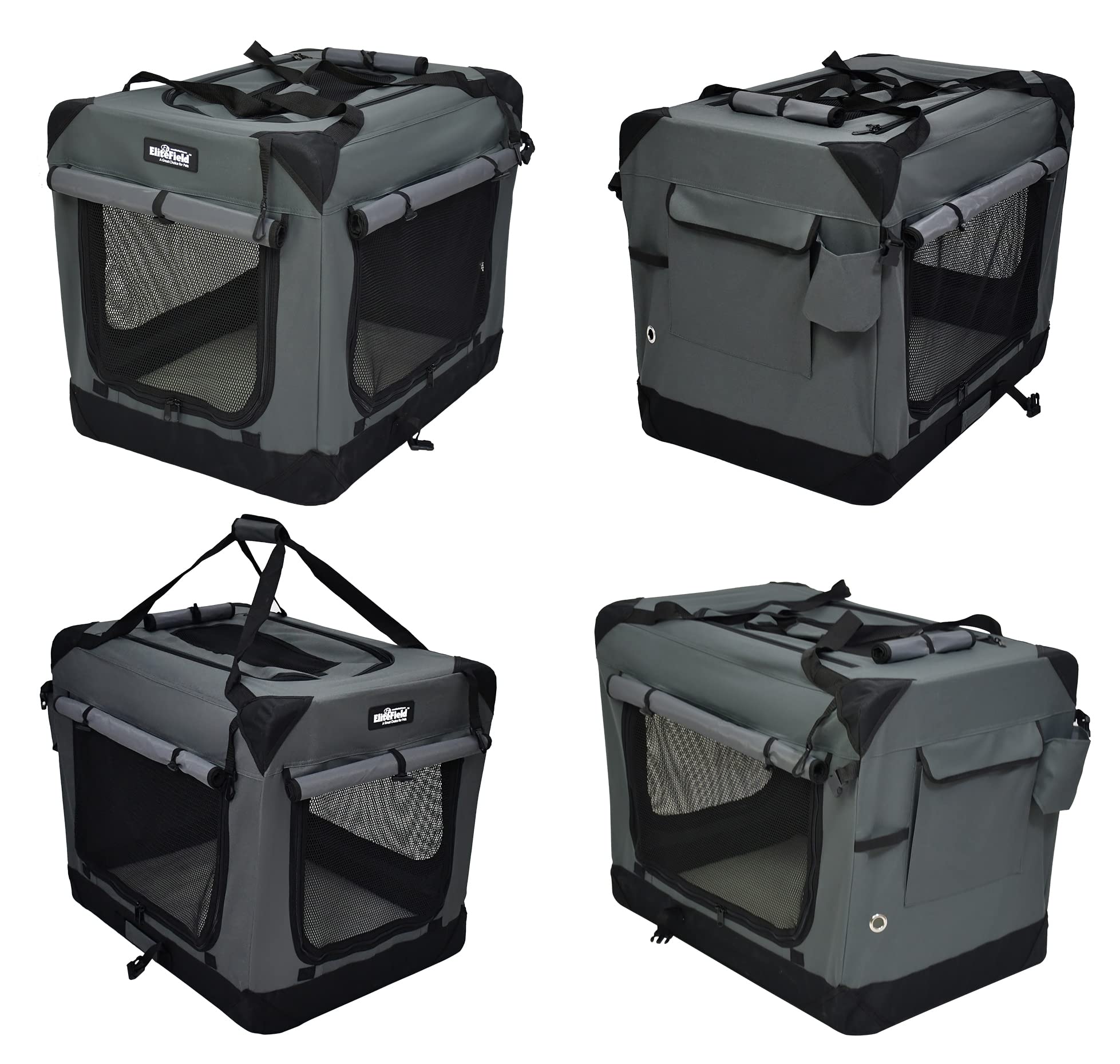 EliteField 4-Door Folding Dog Crate, 24" L x 18" W x 21" H, Fabric & Steel, Gray with Curtains, Indoor & Outdoor Use, Model S