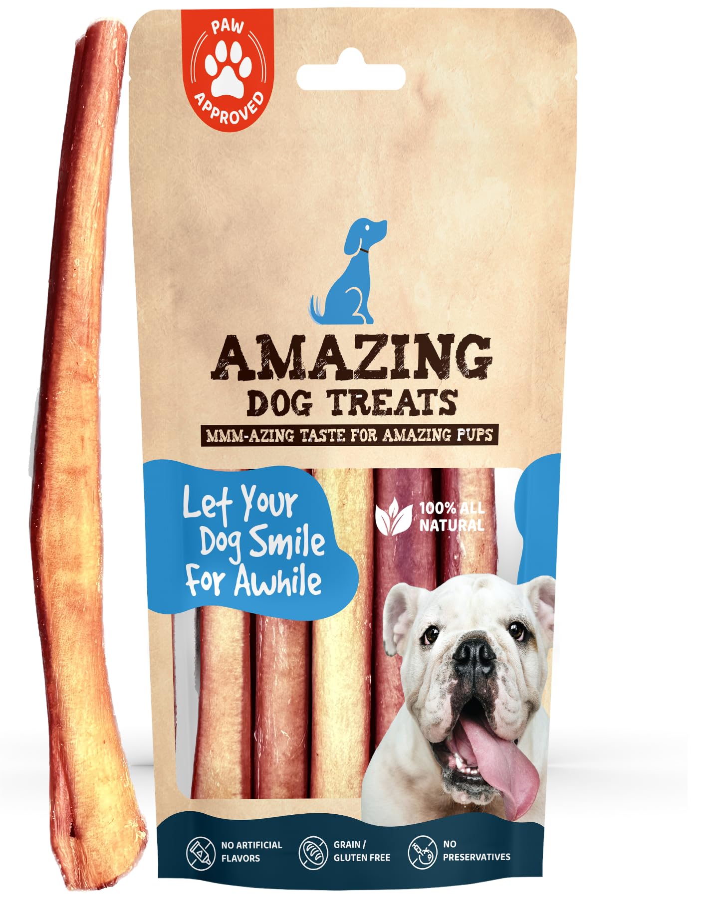 Amazing Dog Treats Bully Sticks 12 Inch - Extra Thick, Long Lasting - 5 Pcs/Pck