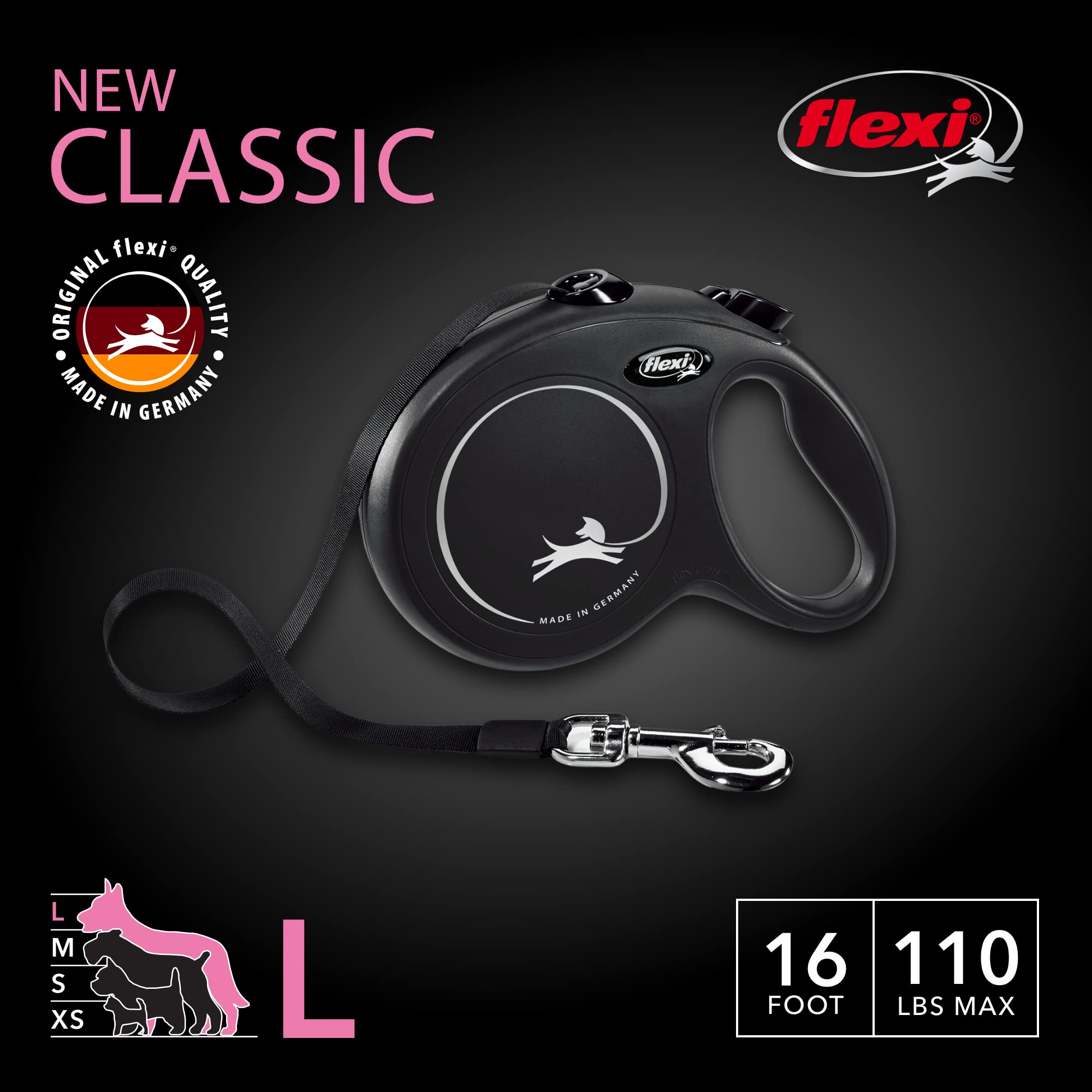 Flexi New Classic Retractable Dog Leash (Tape), 16 Ft, Large, Black