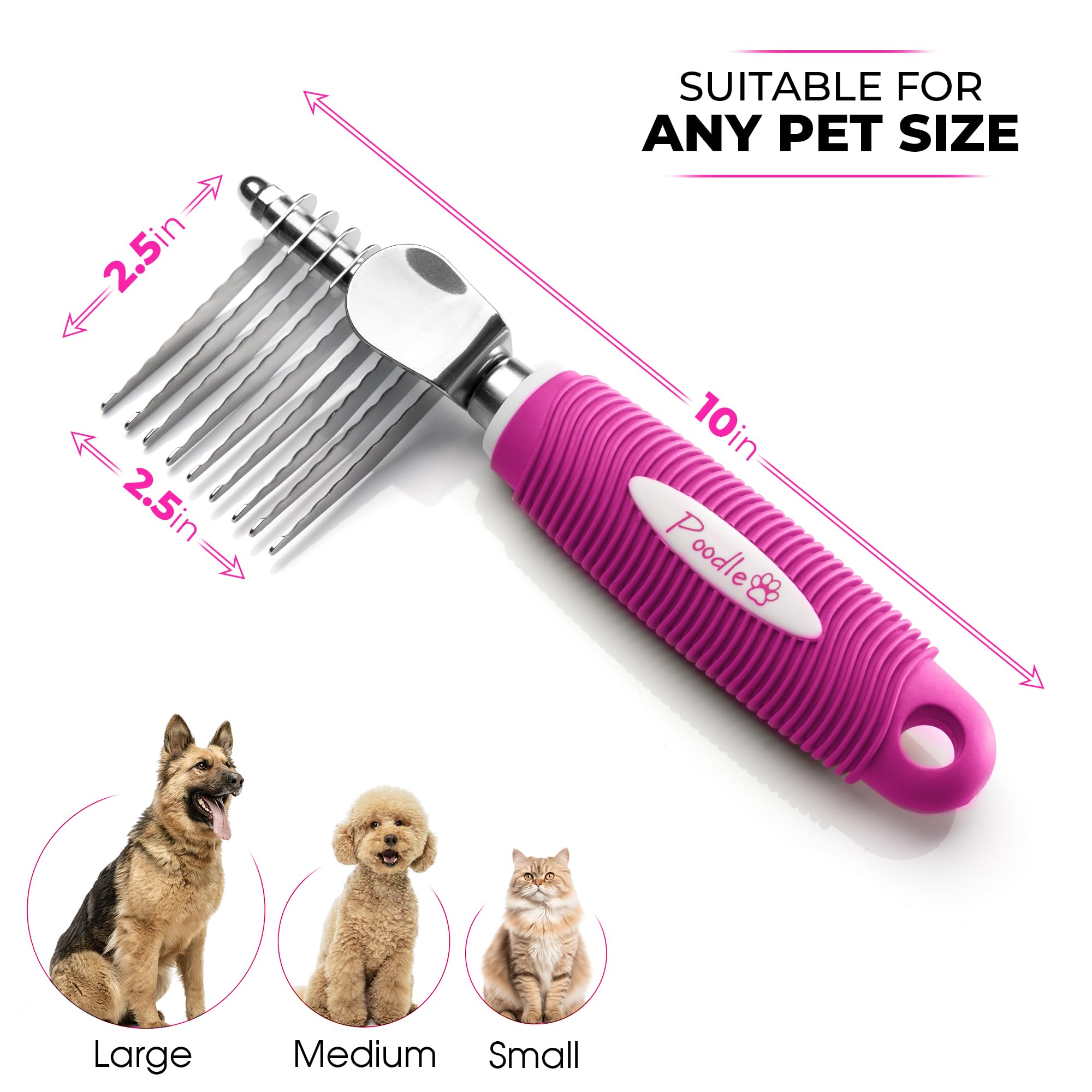 POODLIE Poodle Pet Dematting Comb - Pink Rubber Brush with 2.5" Steel Blades for Dogs & Cats