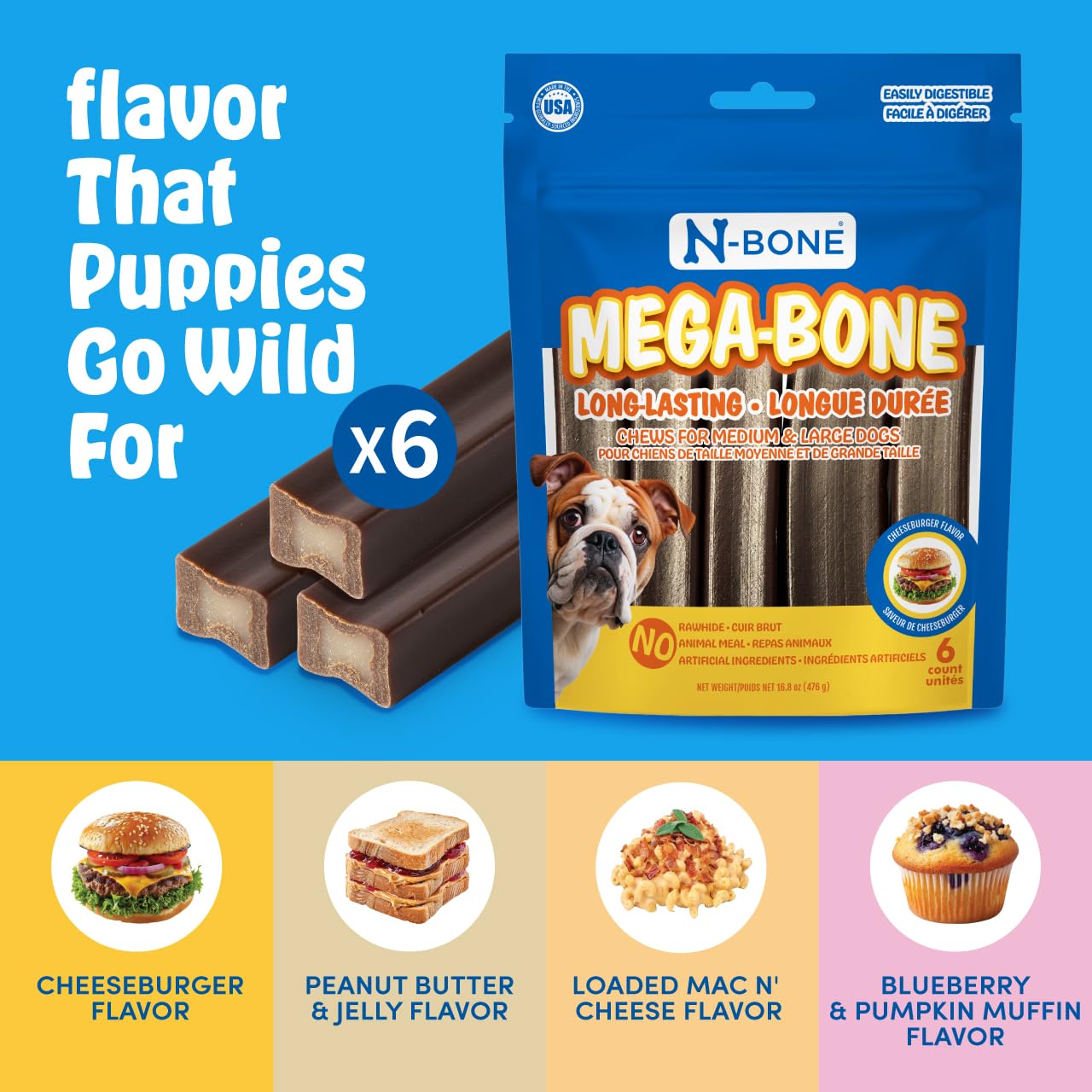 N-Bone Mega-Bone Long-Lasting Dog Chews, Cheeseburger Flavor, 6count, 16.8oz