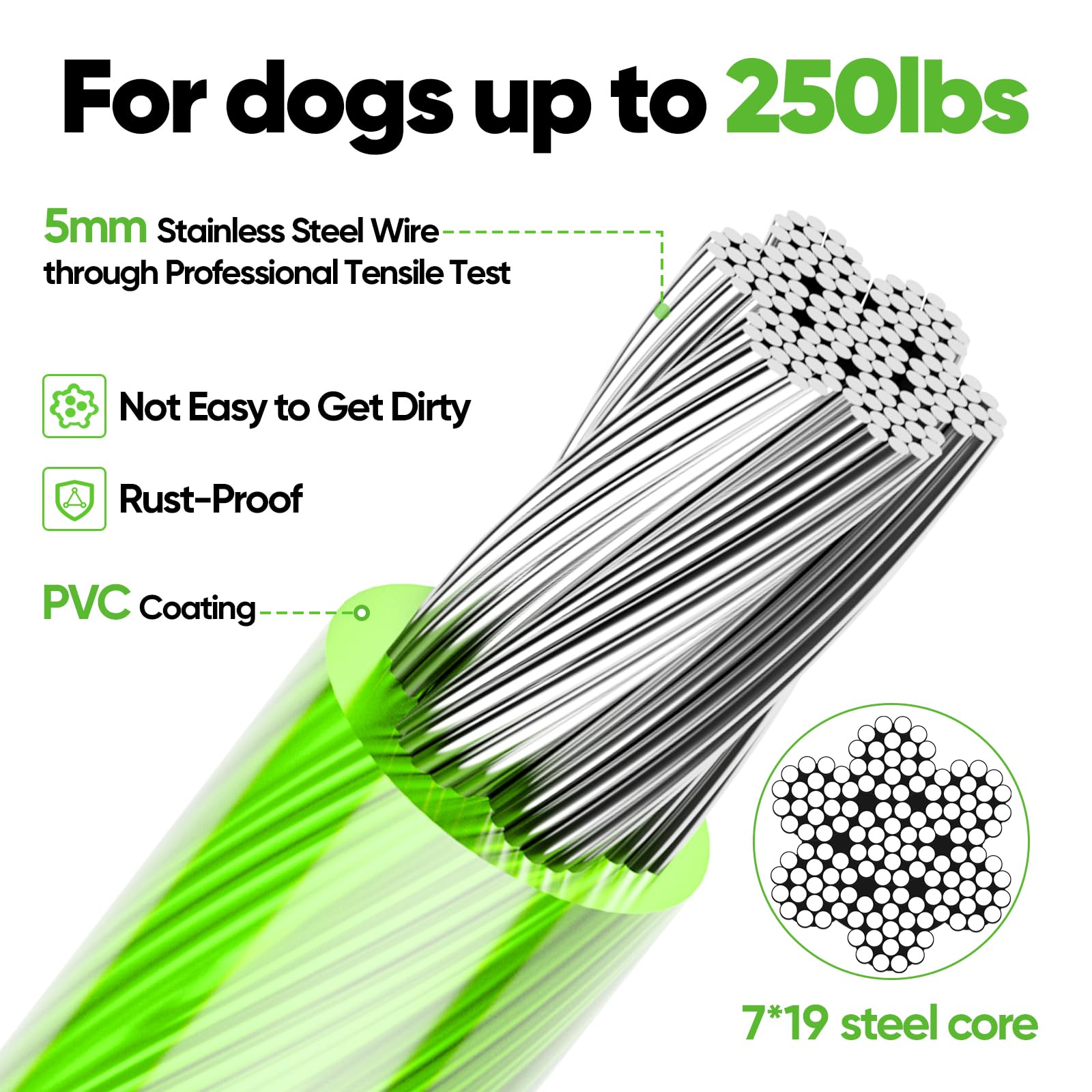 Tresbro 15Ft Reflective Tie Out Cable For Dogs Up To 250 Pounds, Steel Wire Lead Leash Cable With Stainless Rotatable Clip, Ligh