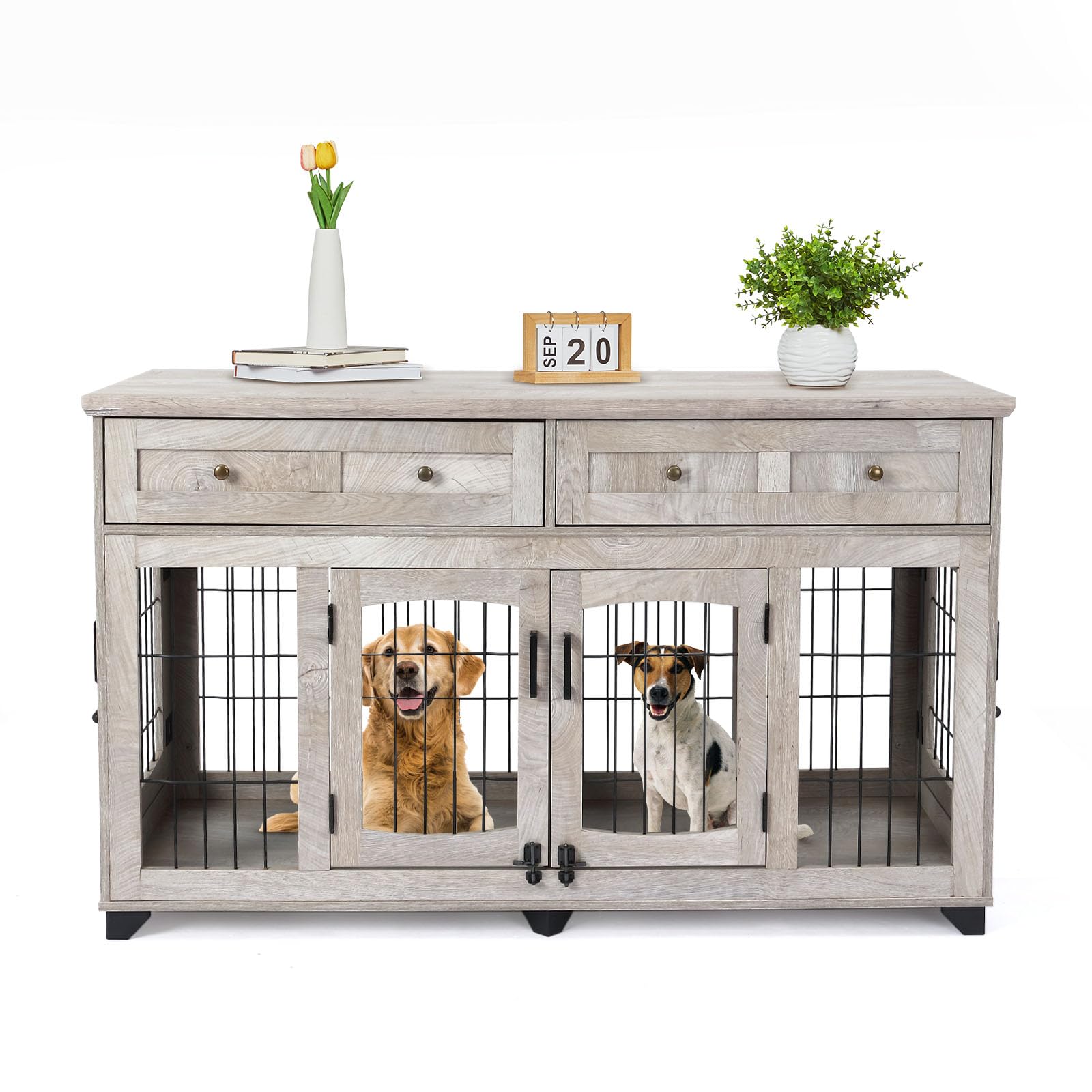 Dog Crate Furniture with 5 Doors, 58 Wooden Dog Kennel End Table with Large Capacity Drawers, Dog House with Openable Divider fo