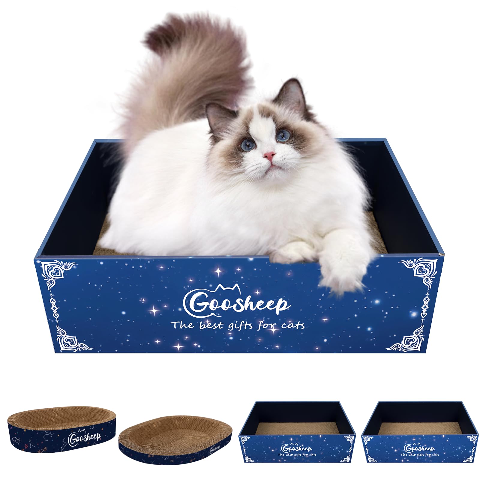Goosheep 4-in-1 Cat Scratcher and Bed, 2 Scratching Pads & 2 Oval Loungers for Indoor Cats, Multi-Cat Household Cardboard Scratc