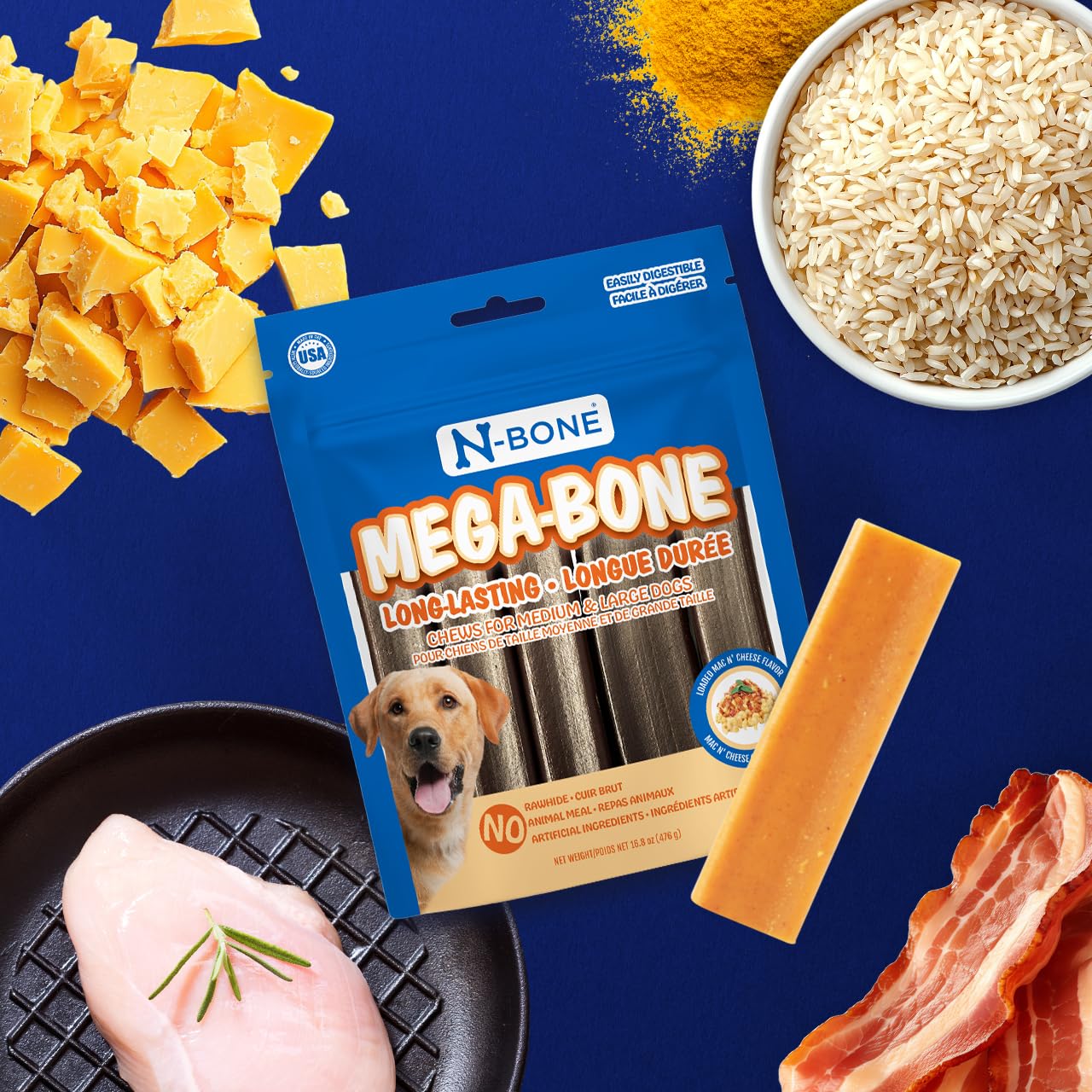 N-Bone Mega-Bone Dog Chews, Long-Lasting Mac n' Cheese Flavor, 16.8oz (6 Count)