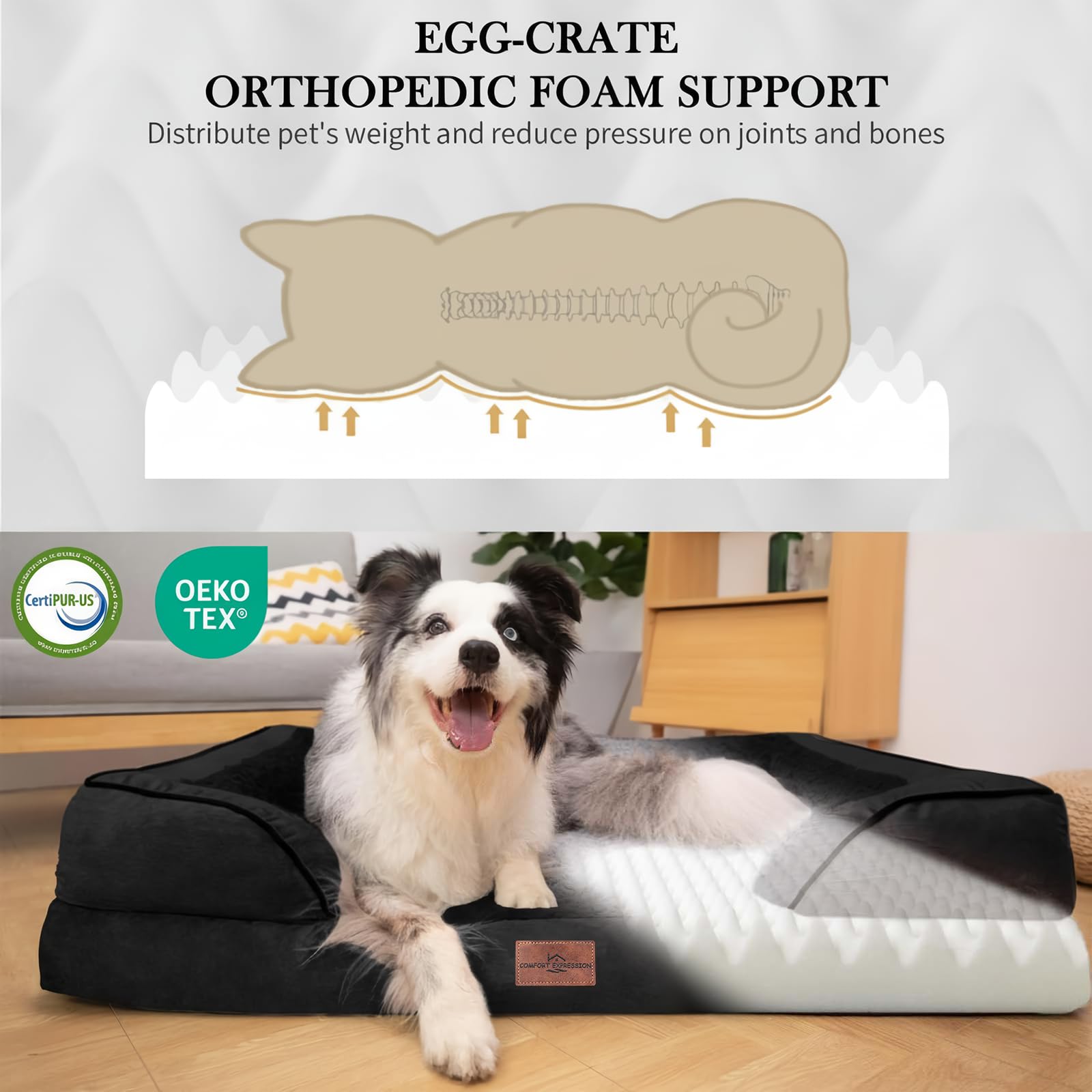 Comfort Expression Orthopedic Dog Bed for Extra Large Dogs 42x30 Inch, Waterproof Supportive Egg Crate Foam XL Pet Bed with Remo
