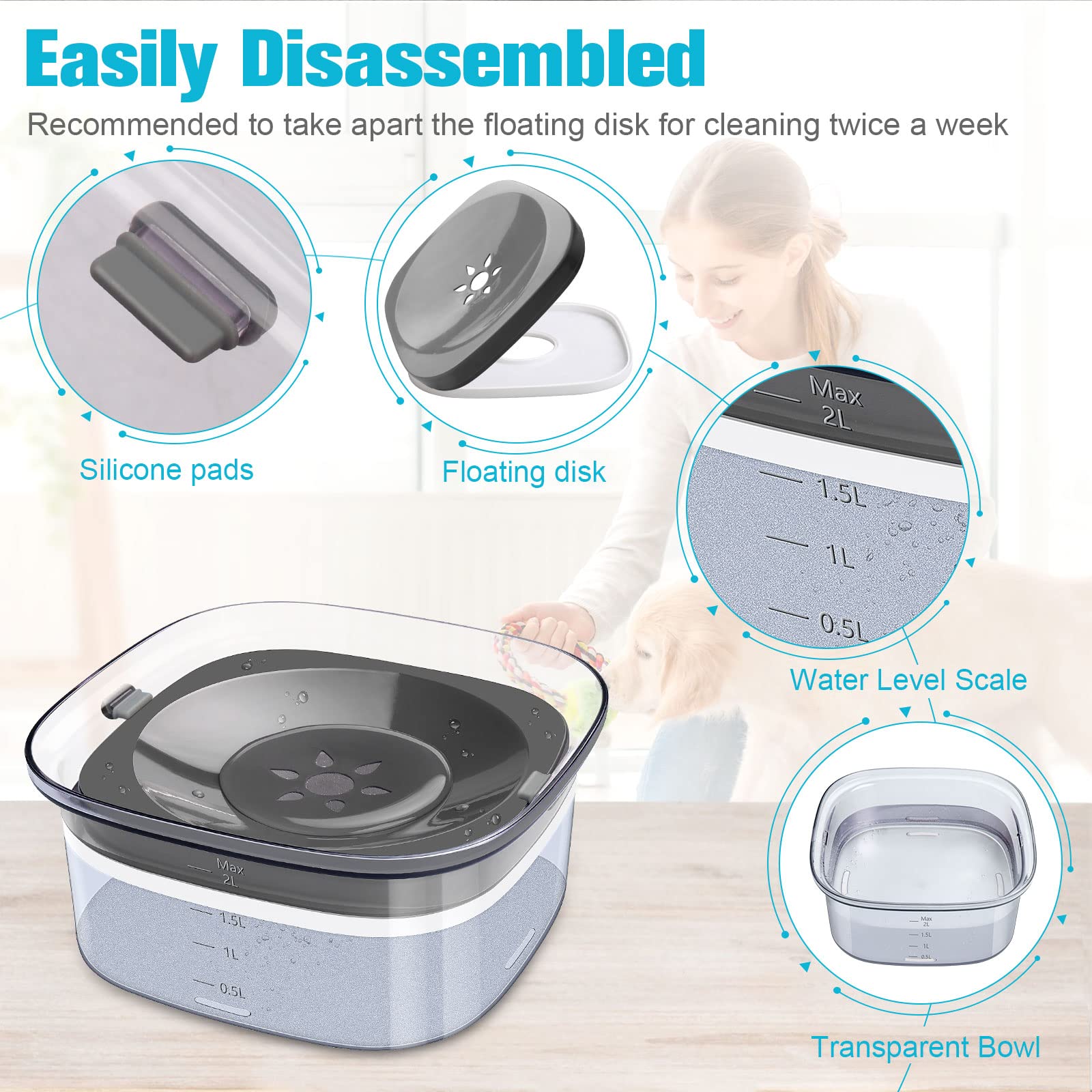 UPSKY 70oz No Spill Dog Water Bowl - Large Capacity Spill Proof Feeder for Cats & Dogs, Travel-Friendly Design, Grey
