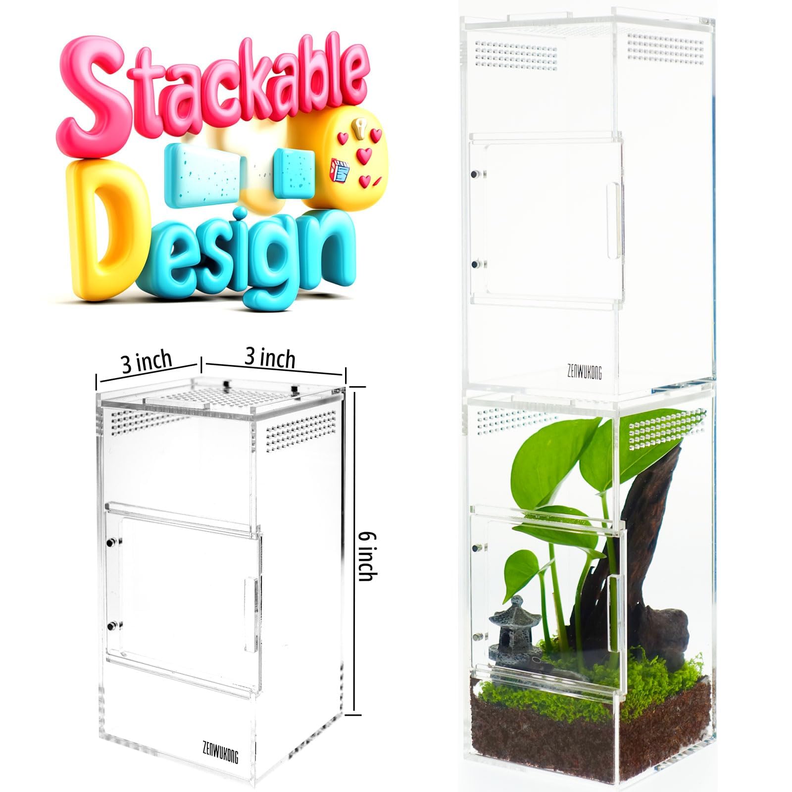 ZENWUKONG Acrylic Terrarium Habitat for Spiders & Reptiles, Magnetic Doors, 3x3x6 inch, Transparent, Model PCHYKL2M-A1-S