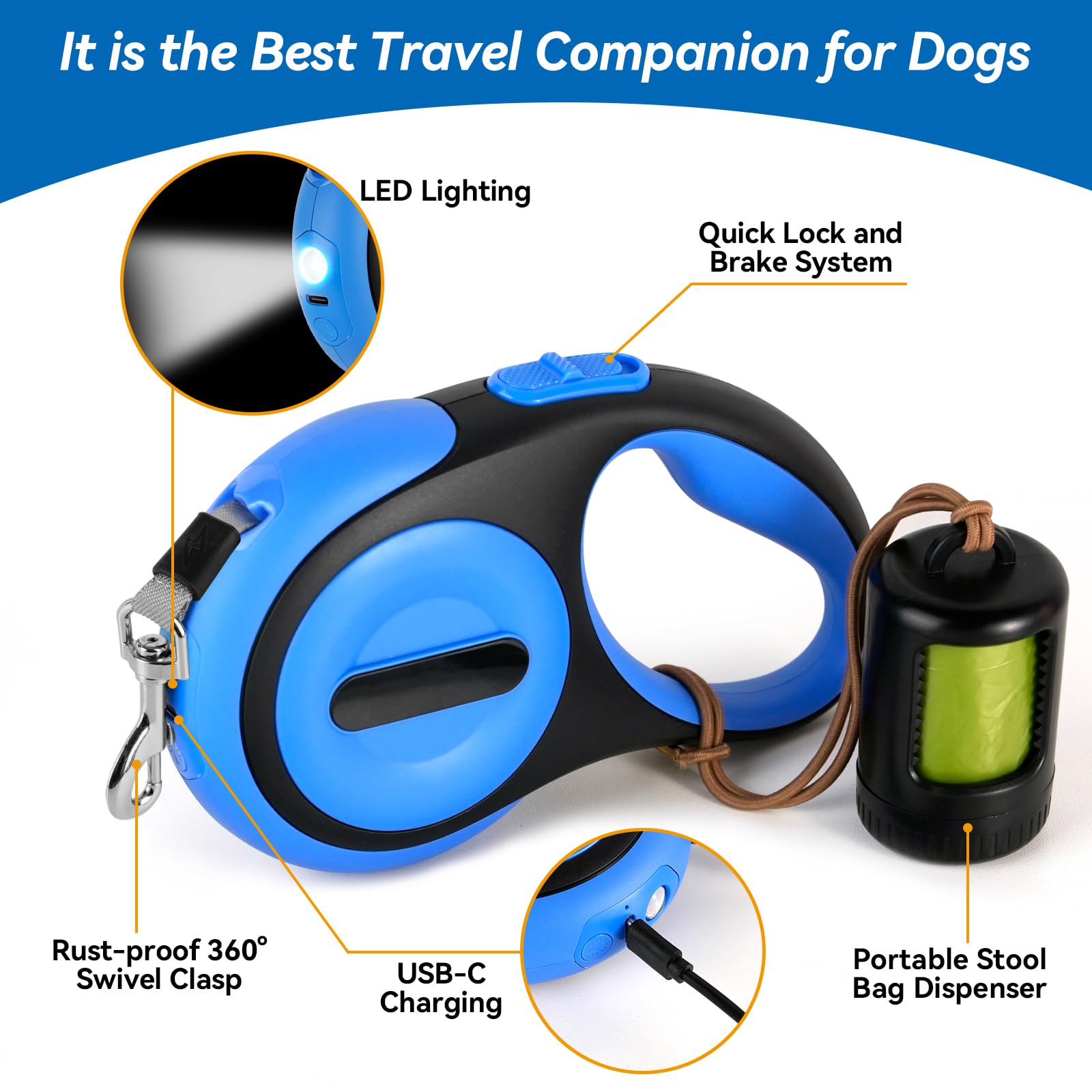 Odriew Retractable Dog Leash For Small Dogs-Medium Pet, 16Ft For Dog Up To 75Lbs, With Rechargeable Led Light, Dispenser, Poop B