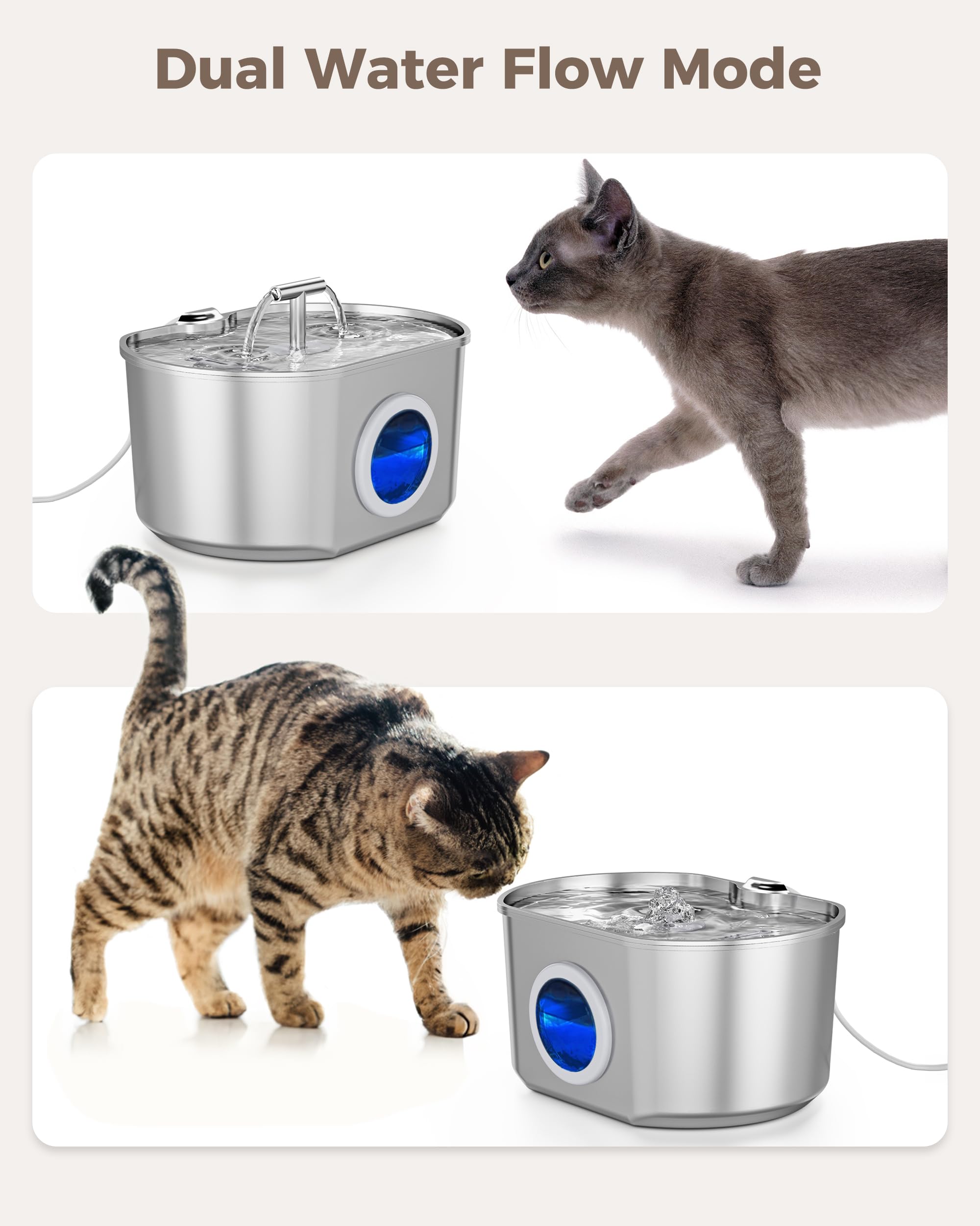 Cat Water Fountain Stainless Steel - Pet Drinking Fountain for Cats Indoor - 2.2L/74oz Automatic Water Dispenser with Watering L