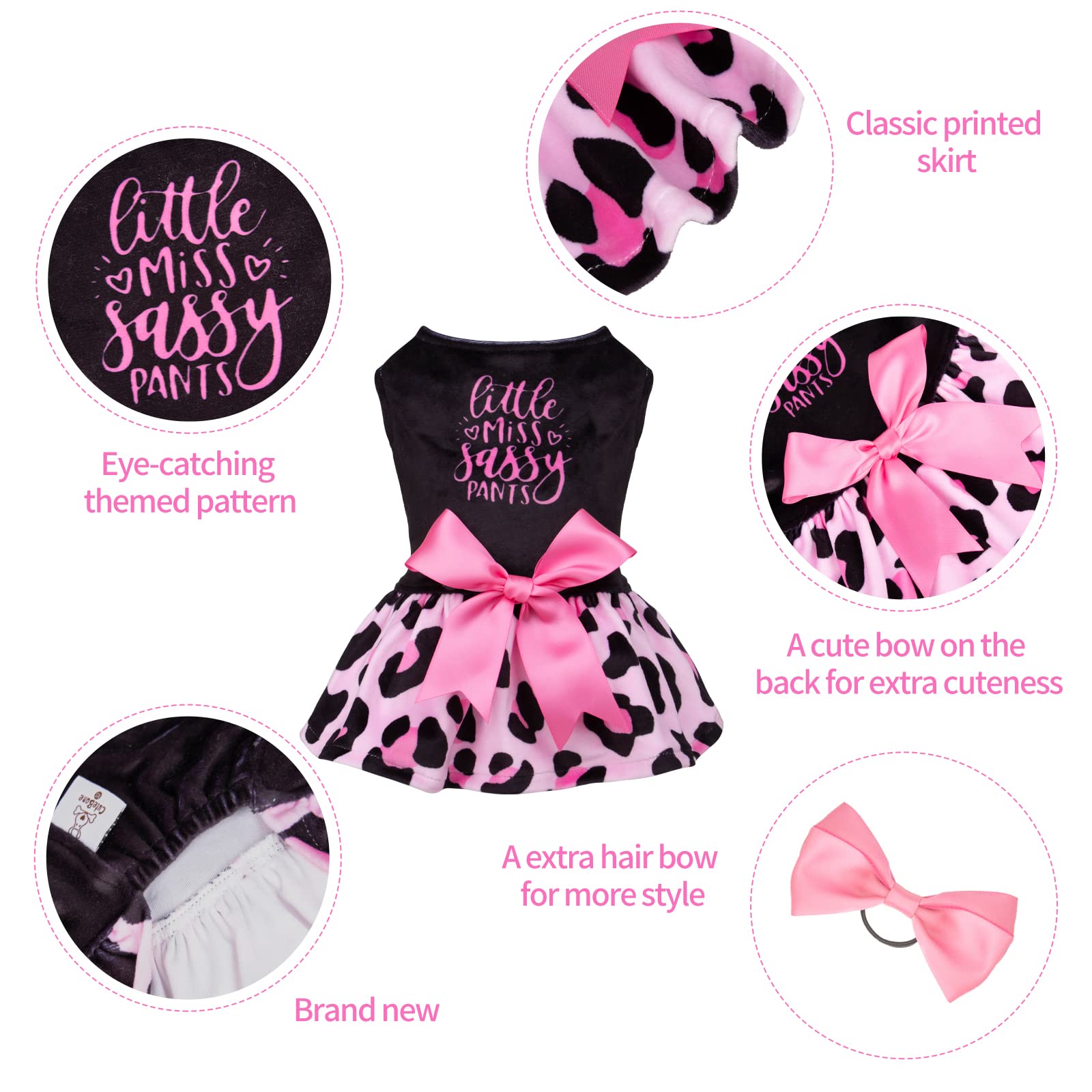 Cutebone Little Miss Sassy Pants Dog Leopard Print Dress Velvet For Small Dogs Girl Puppy Dresses Pink Dog Clothes Cva15S-D