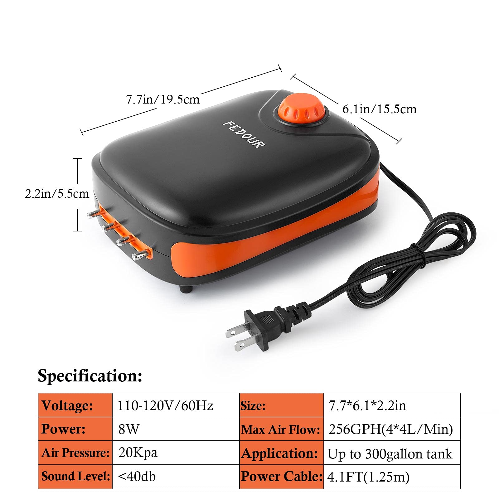 Fedour 4W/5W/8W Aquarium Corded Electric Air Pump, 96Gph/160Gph/256Gph Dual Outlets 4 Outlets Oxygen Pump, Ultra Quiet Aquarium