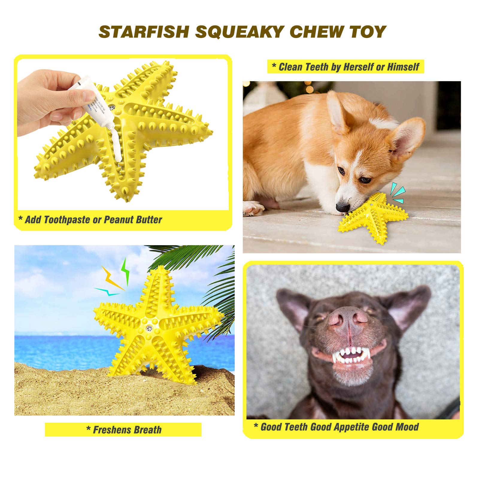 IDOLPET Squeaky Dog Toy - Starfish Rubber Teeth Cleaning Toy for Small & Medium Dogs - Yellow