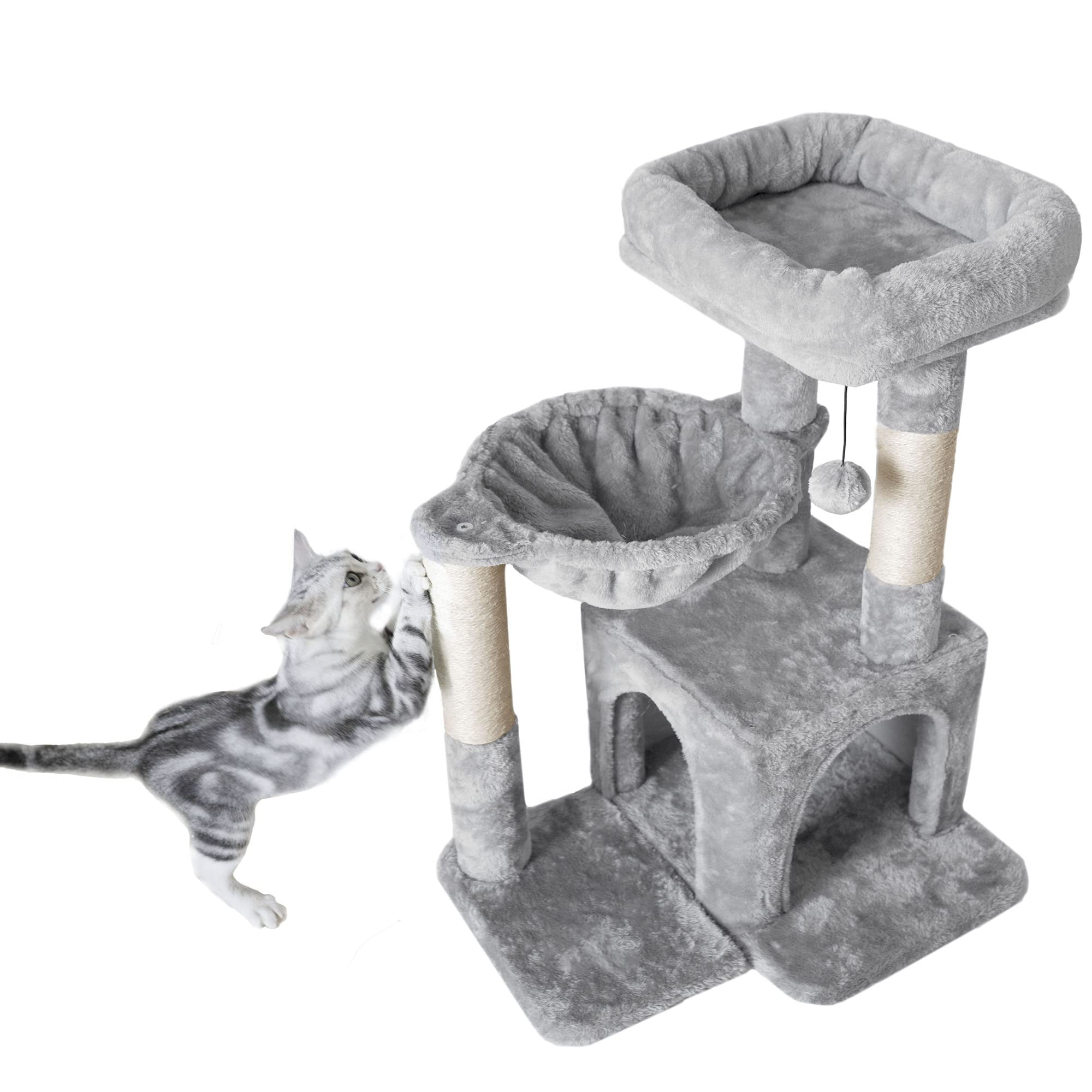 Pesofer Cat Tree, Small Cat Tower With Sisal Scratching Post And Hammock Light Gray
