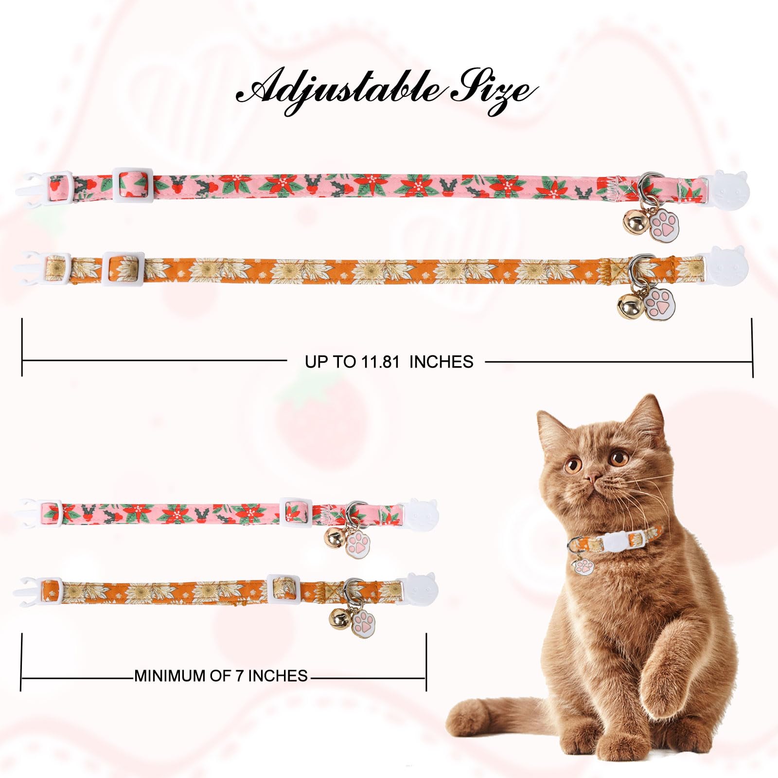 Unique Style Paws Christmas Kitten Collar,2 Pack Cat Collar For Girl Cats With Flower Pattern,Breakaway Cat Collar With Bell,Cut
