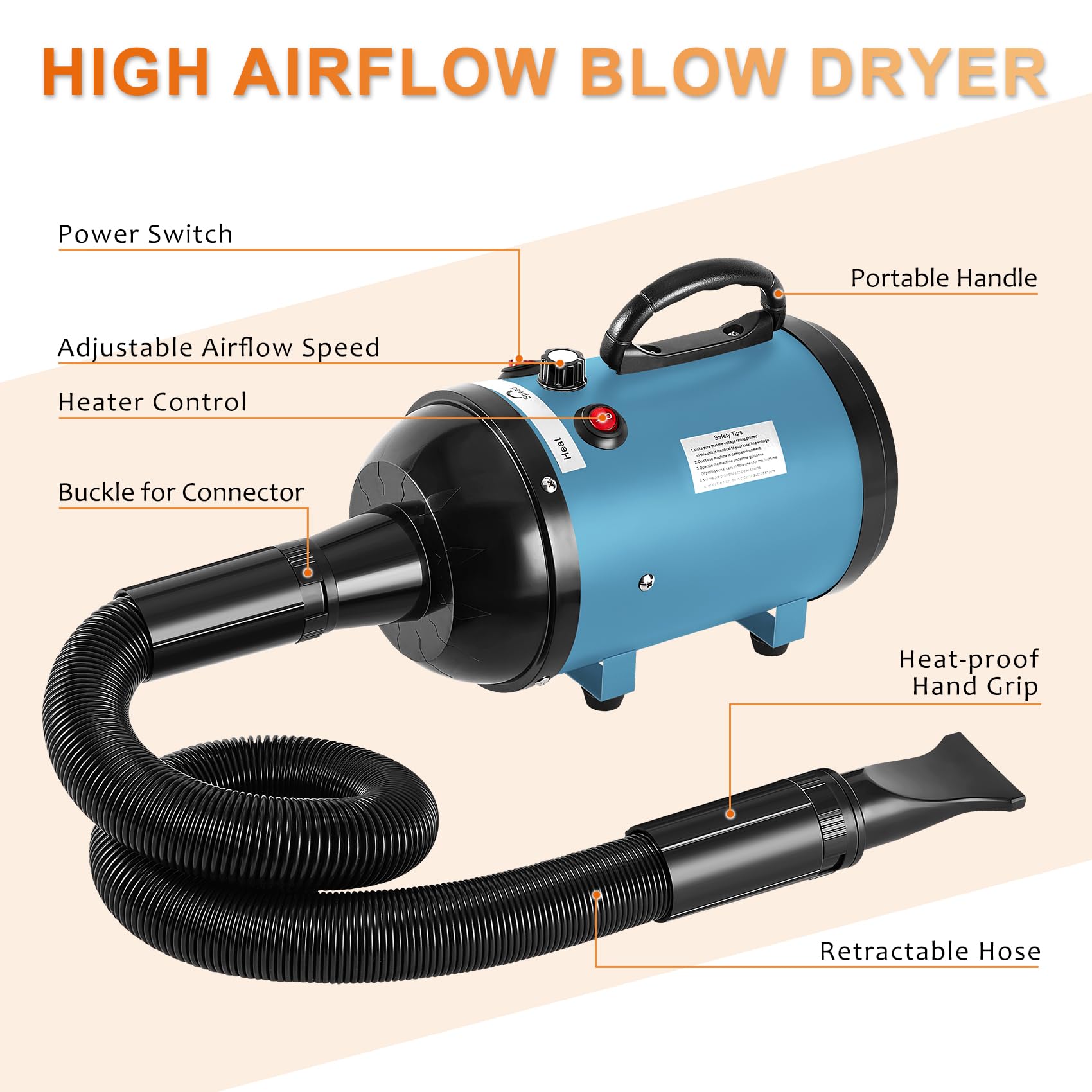 NESTROAD High Velocity Dog Dryer 4.3HP, Stepless Speed Adjustment, Metal, Blue, Ideal for Pet Grooming with 4 Nozzles