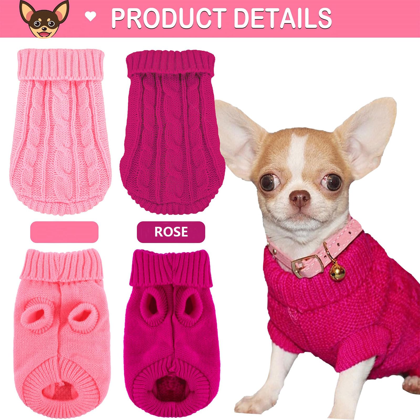 Kallfir's cutie XXS Dog Sweater - 2 Piece Turtleneck Knitted Rose-Pink Chihuahua Clothes for Small Dogs & Cats, Model 509O4