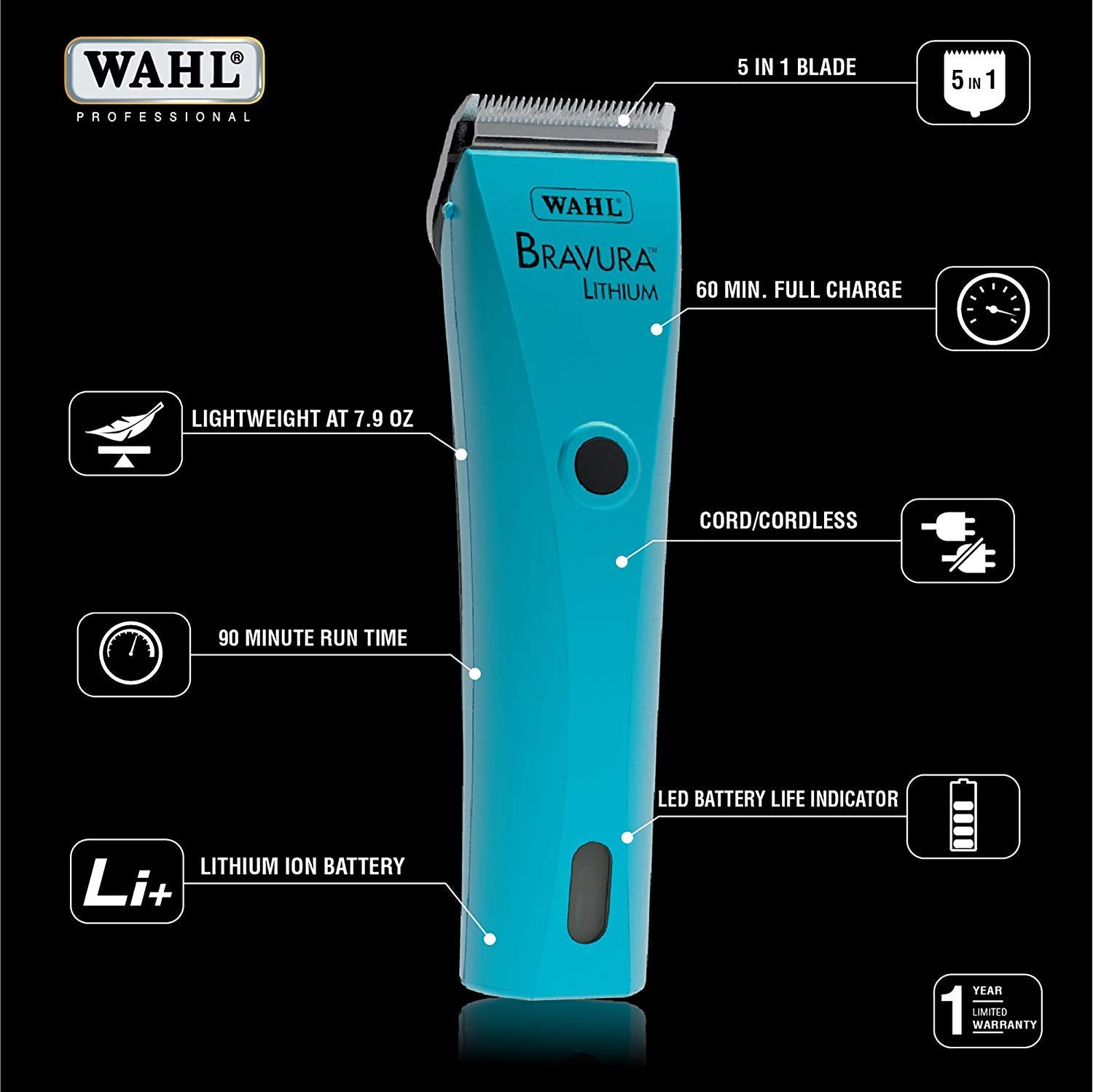 Wahl Professional Animal Bravura Lithium Powerful Motor Cord/Cordless Pet Clipper Kit (Turquoise) With Blade Brush