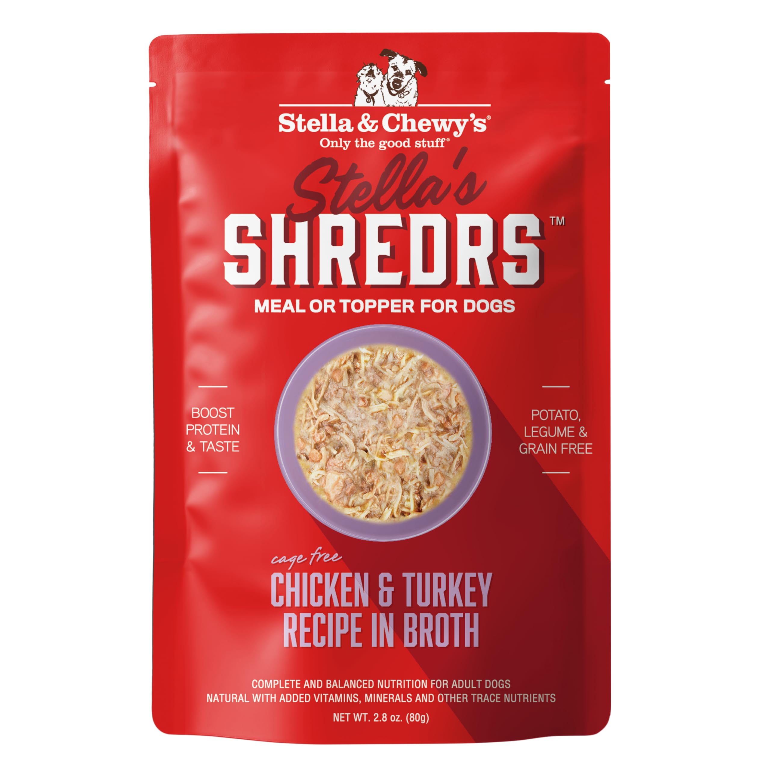 Stella & Chewys Stellas Shredrs Cage Free Chicken & Turkey Recipe in Broth, 2.8 oz. Pouches (Pack of 24)