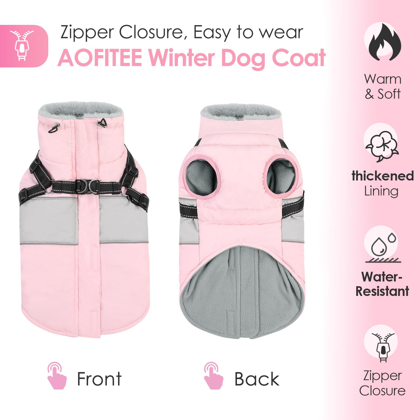 Aofitee Dog Coat - Large Dog Jacket With Built-In Harness - Reflective Waterproof Winter Jacket With Warm Fleece Collar - Pink X