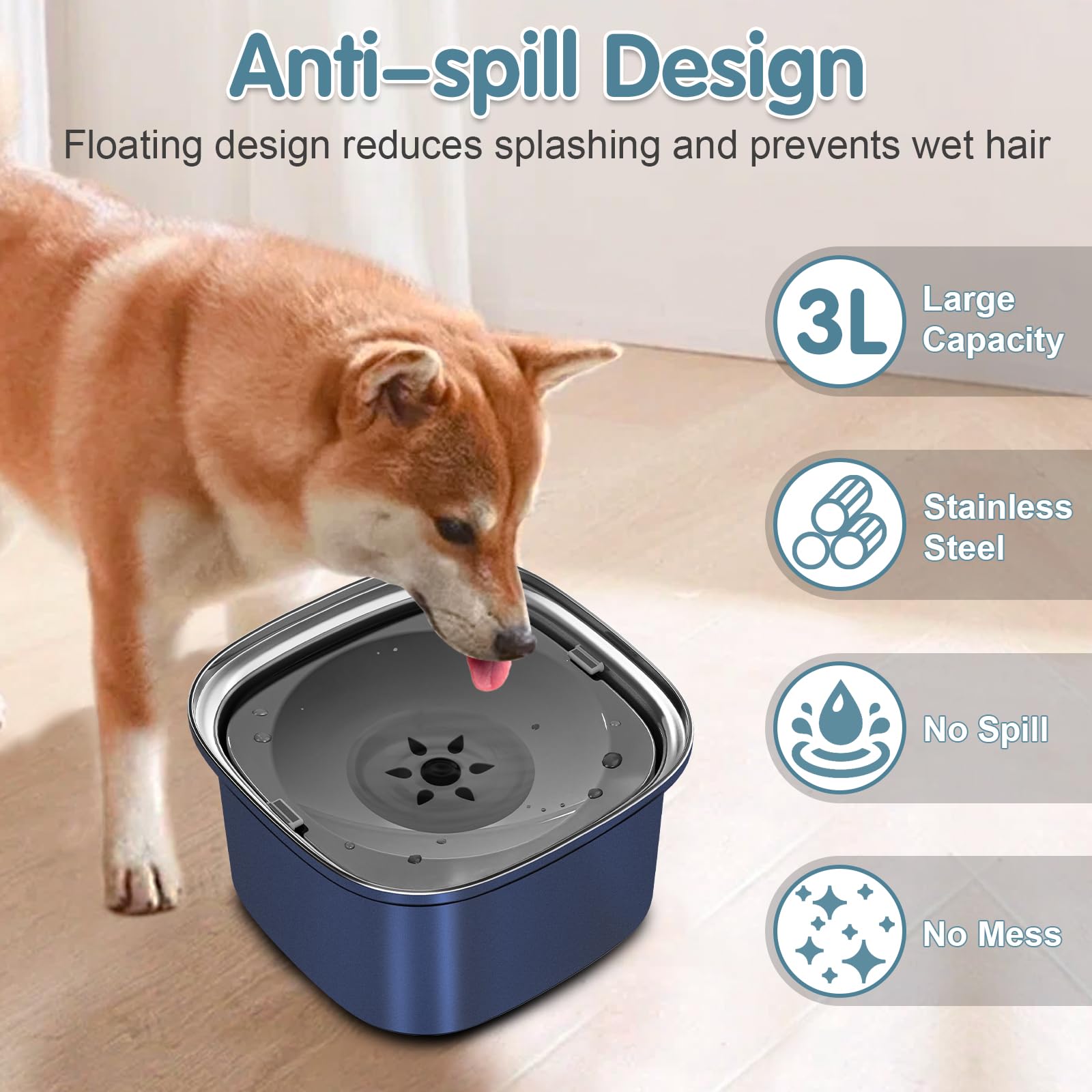 UPSKY 3L Stainless Steel Dog Water Bowl - 101oz No Spill Pet Feeder, Dark Blue Travel Water Dispenser for Large Dogs