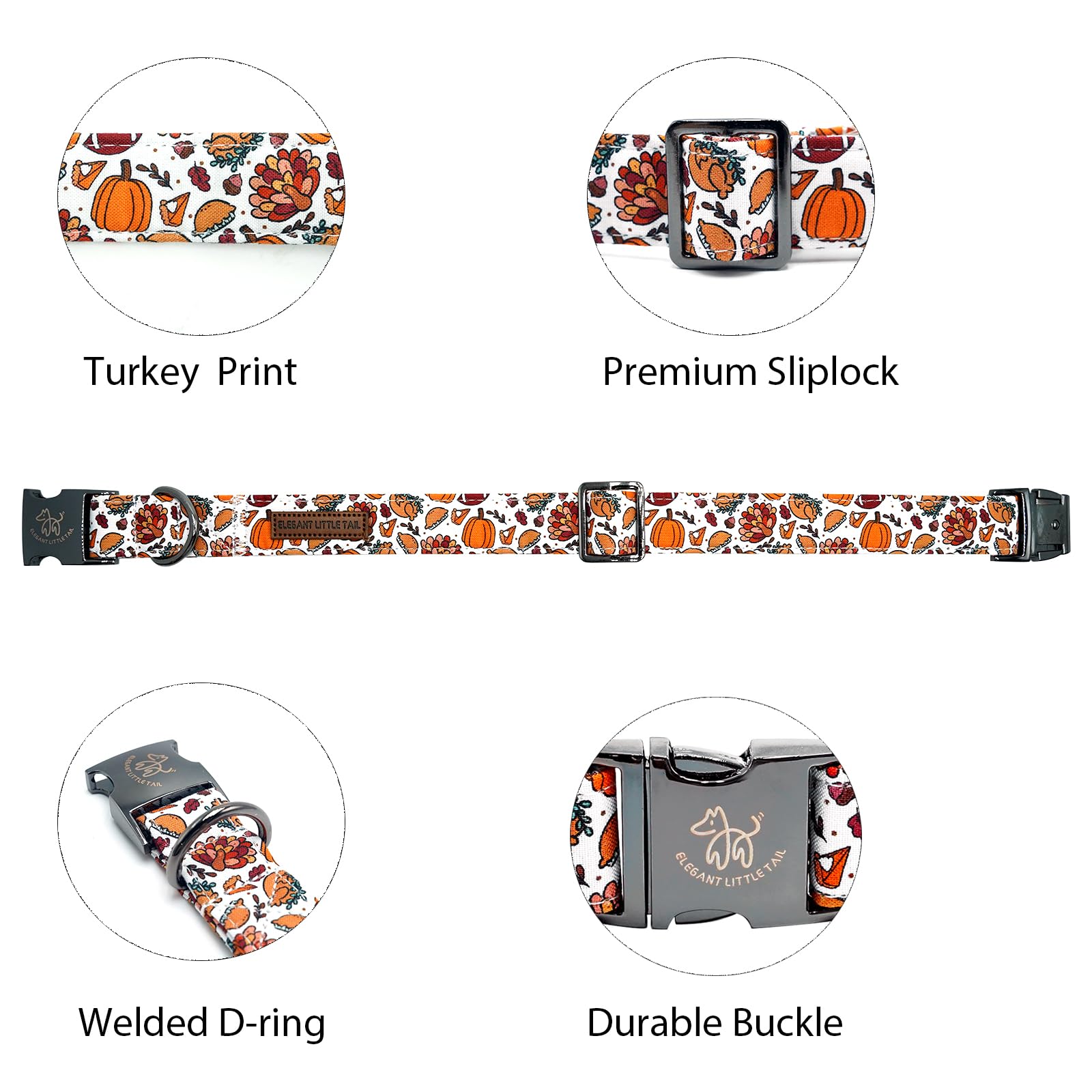 Elegant Little Tail Thanksgiving Turkey Pumpkin Pet Collar - Cotton With Metal Buckle Adjustable Dog Collar For Medium Dogs