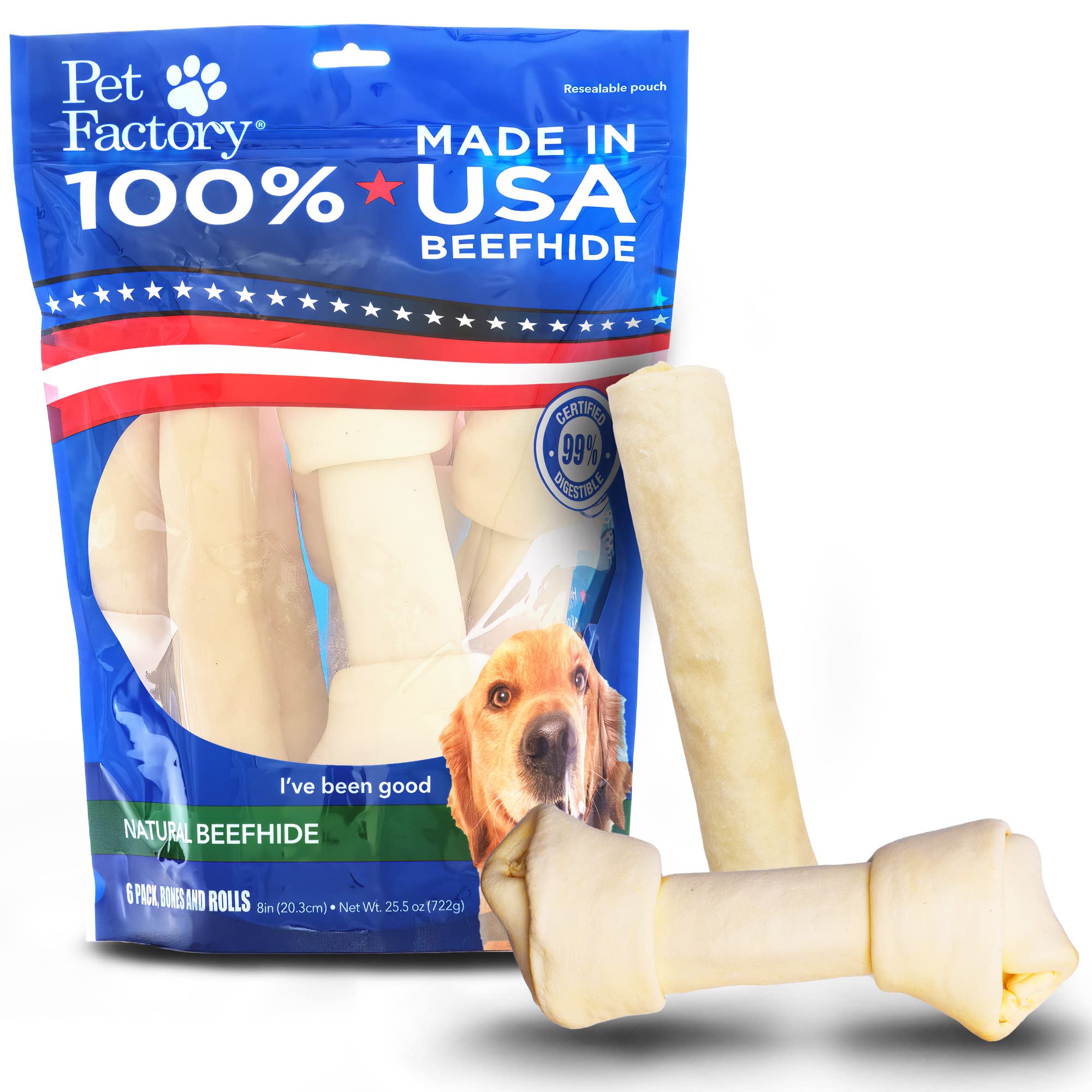 Pet Factory 100% Made in USA Beefhide 8-9 Assorted (Bones & Rolls) Dog Chew Treats - Natural Flavor, 6 Count/1 Pack