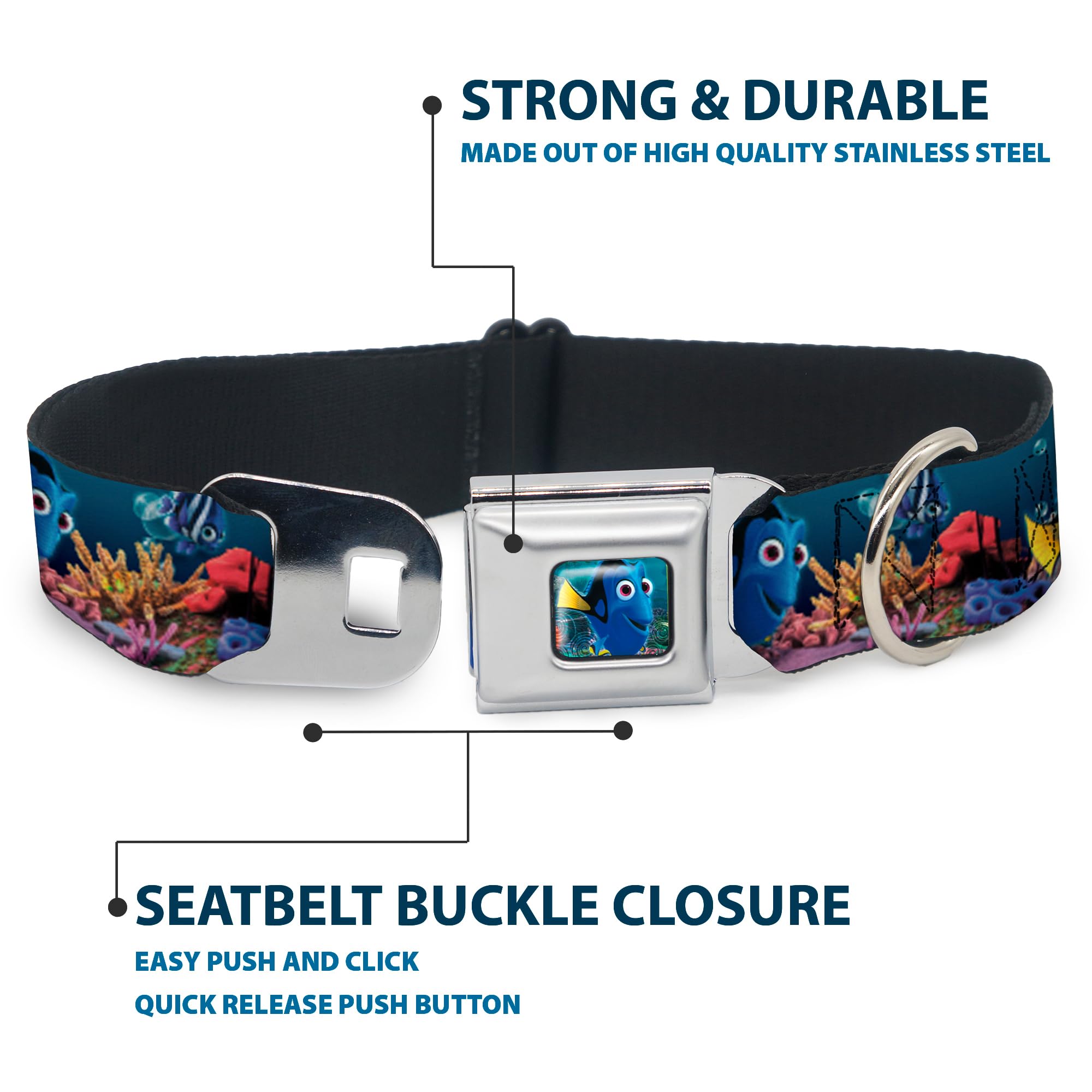 Dog Collar Seatbelt Buckle Dory Poses Friends Under The Sea 16 To 23 Inches 1.5 Inch Wide
