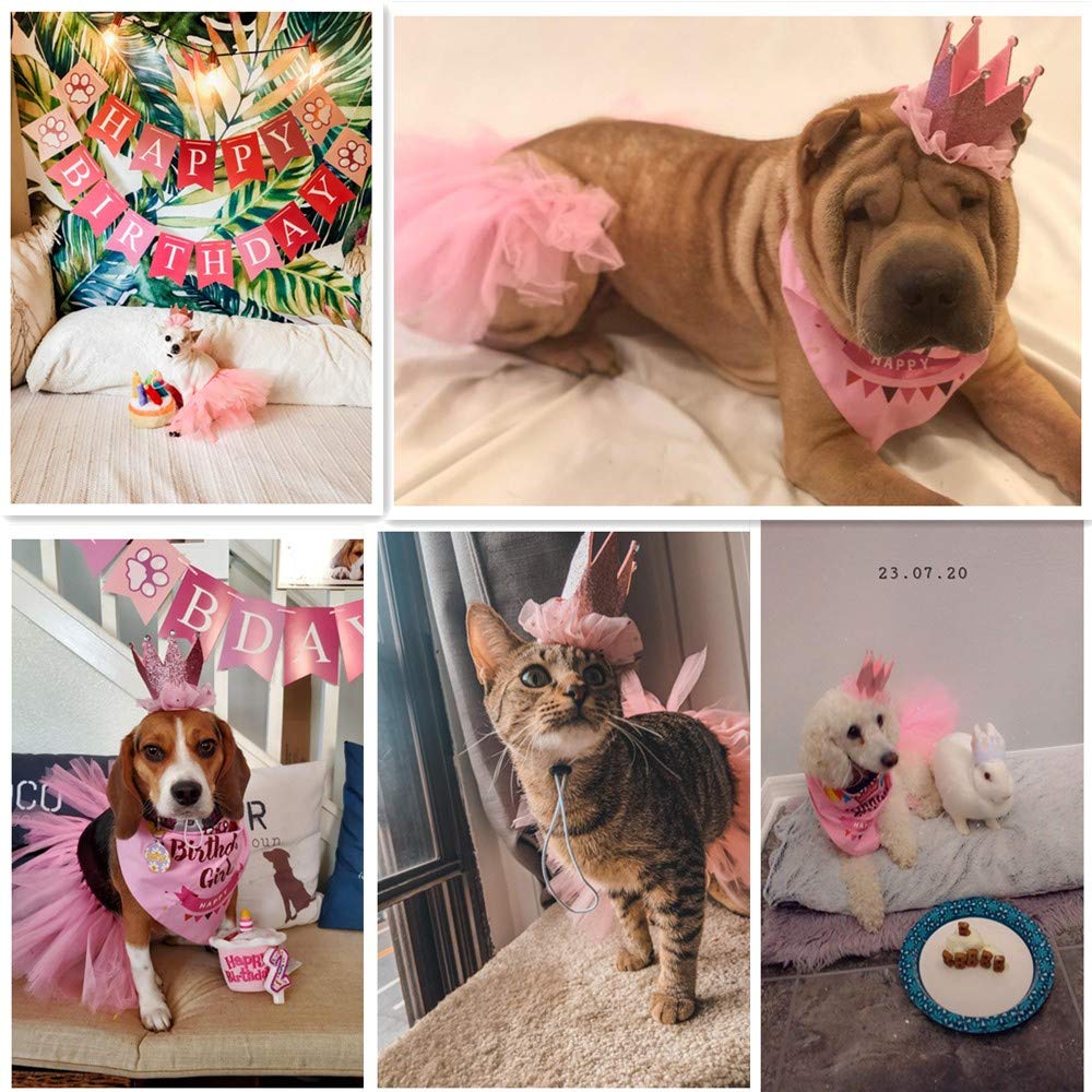Adoggygo Dog Birthday Hat Bandana Girl - Puppy Birthday Party Supplies - Pink Puppy Tutu Hat Scarf Banner Set For Small Dogs (Sm