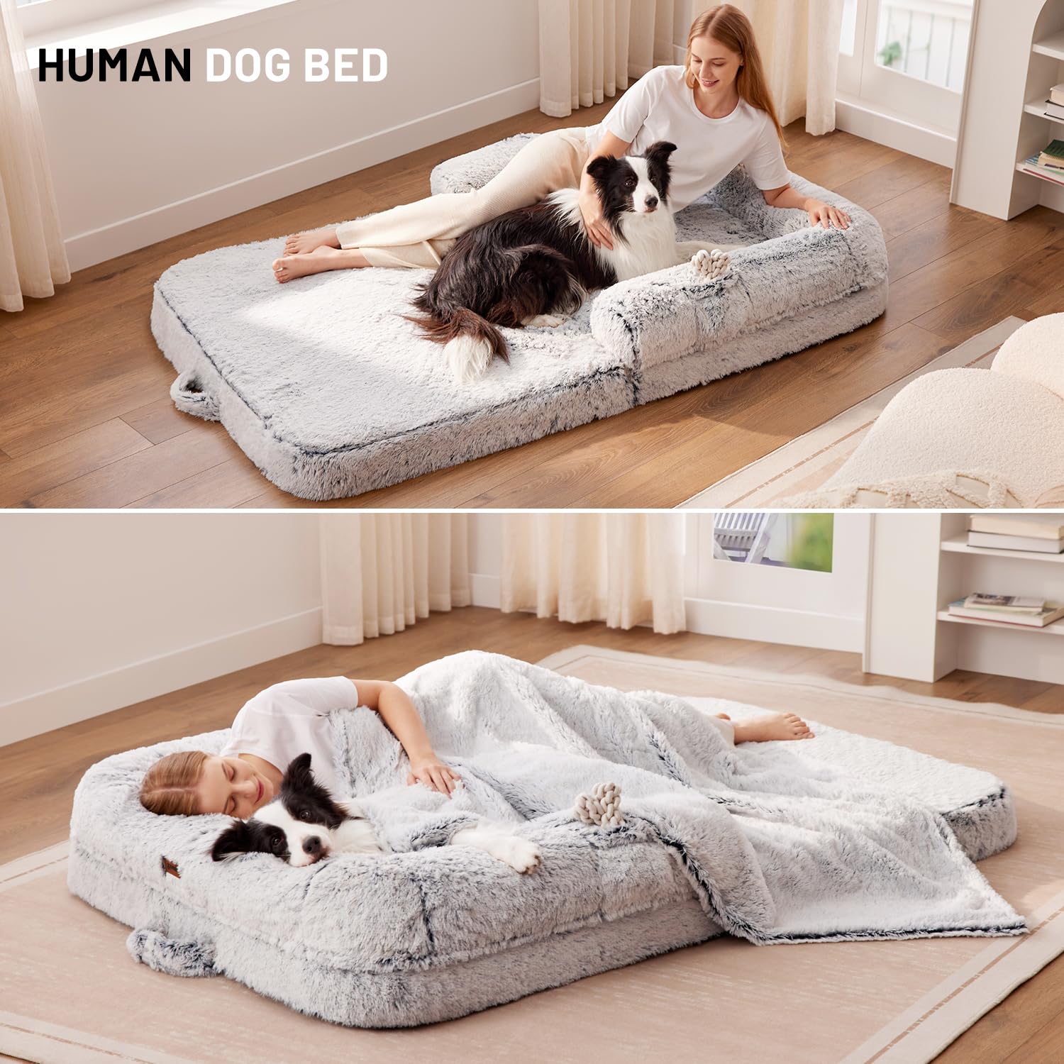 Zomisia Human Dog Bed For Adult, 2 In 1 Foldable Giant Dog Bed For People Fits Pet Families, Egg Foam Supportive Mat, Waterproof