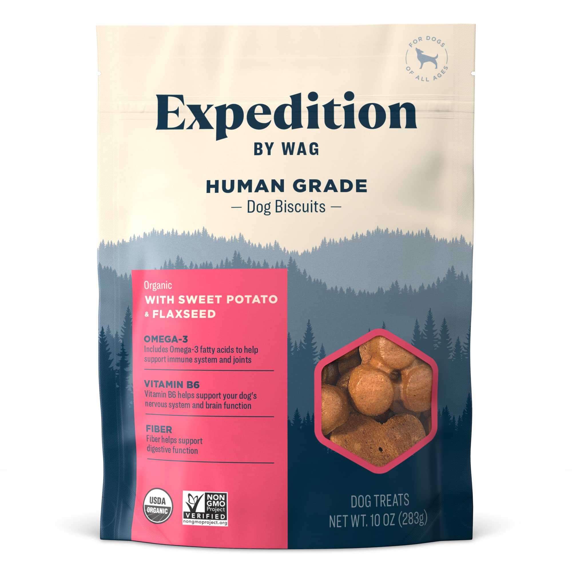 WAG Dog Treats - Human Grade Organic Biscuits, Non-GMO, Gluten Free, Sweet Potato & Flaxseed, 10oz