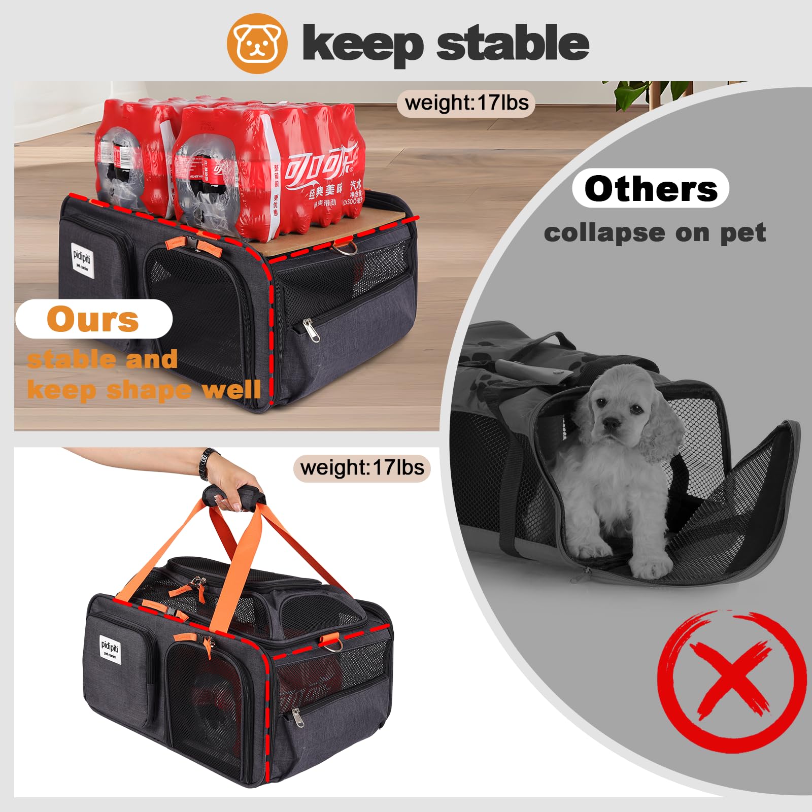 Pidipiti 19X13X9 Tsa Approved Top Expandable Pet Carrier For Small Dog Puppy Cat Up To 12-15 Lbs Weight And 18.5'' Length, For S