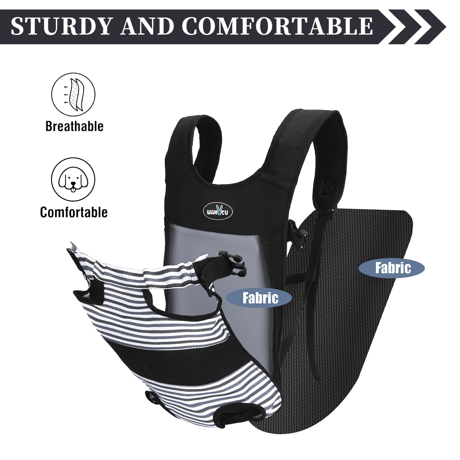 Wakytu Dog Front Carrier Backpack for Small Dogs, Legs Out, Padded Straps, Polyester, C28S-BK, 1.0 Stripe, Ideal for Travel & Hiking