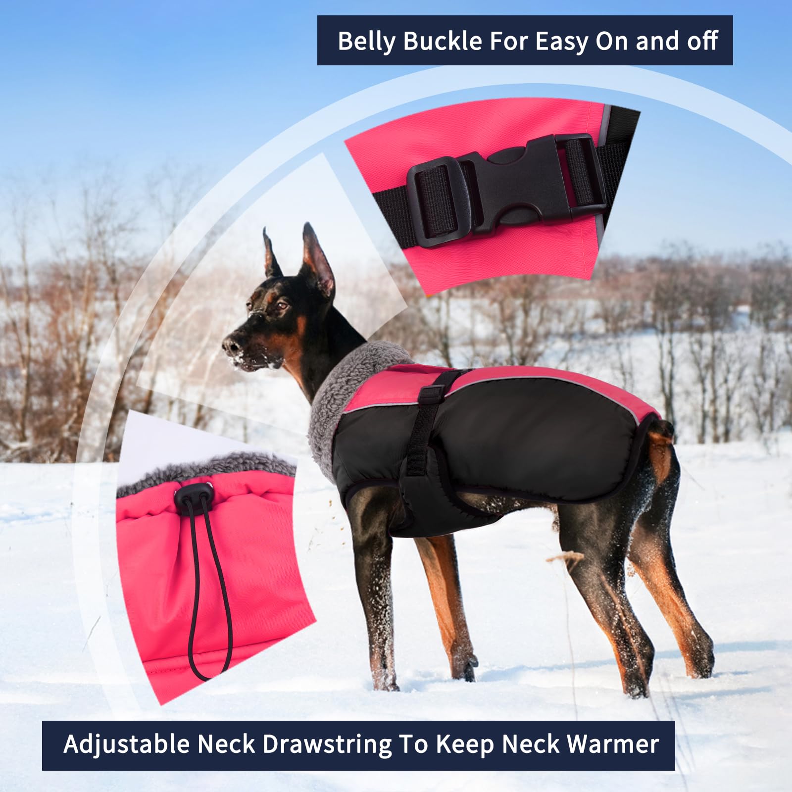 IECOii Extra Warm Reflective Dog Coat - Adjustable Fleece Turtleneck Jacket for Cold Weather - XX-Large, Rosered