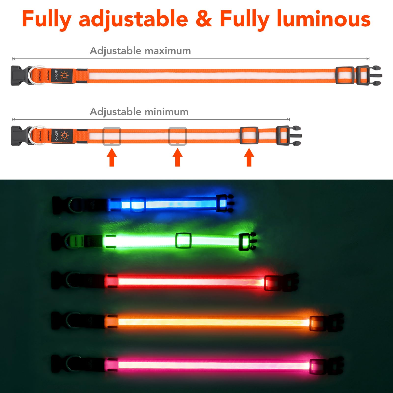 Vizpet Led Dog Collar, Light Up Dog Collar Adjustable Usb Rechargeable Super Bright Safety Light Glowing Collars For Small Dogs(Small,Orange)
