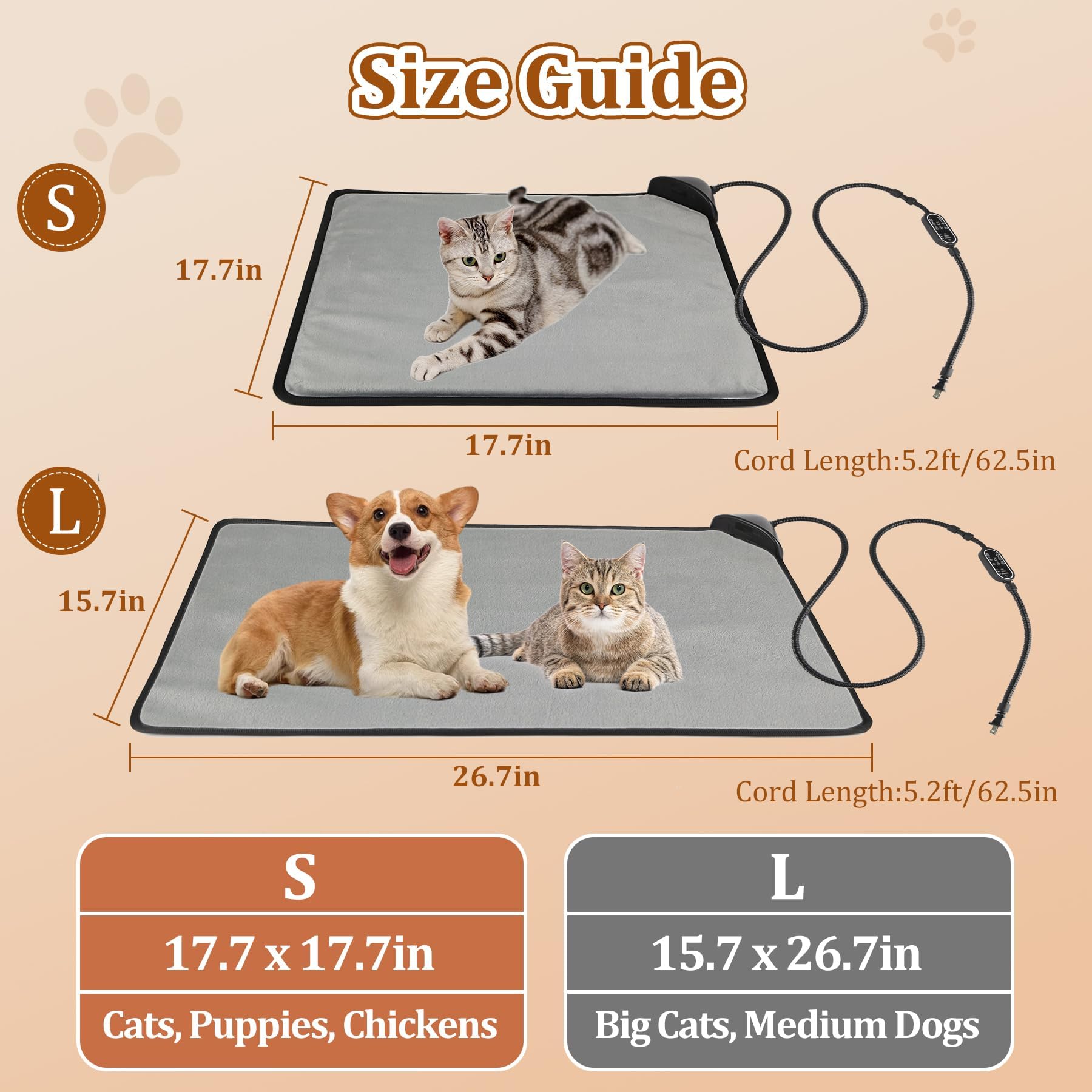 Rasfalo Cat Heating Pad & Dog Heating Pad, 3 Timer And 3 Level Temperature Smart Sensor Electric Pet Heating Pad With Chew Resis
