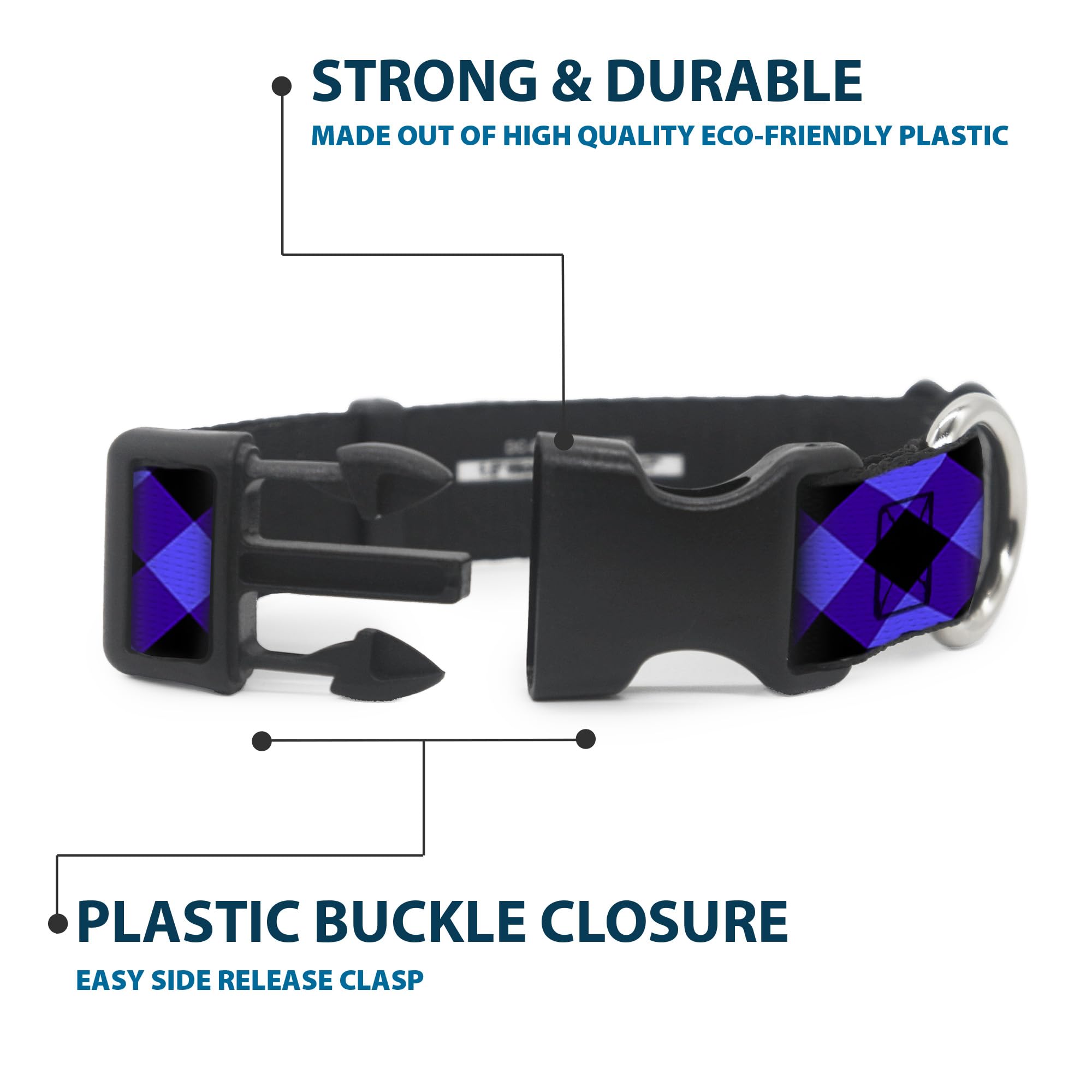 Buckle-Down Pc-W30431-Wm Diagonal Buffalo Plaid Black/Blue Plastic Clip Collar, Wide Medium/16-23''