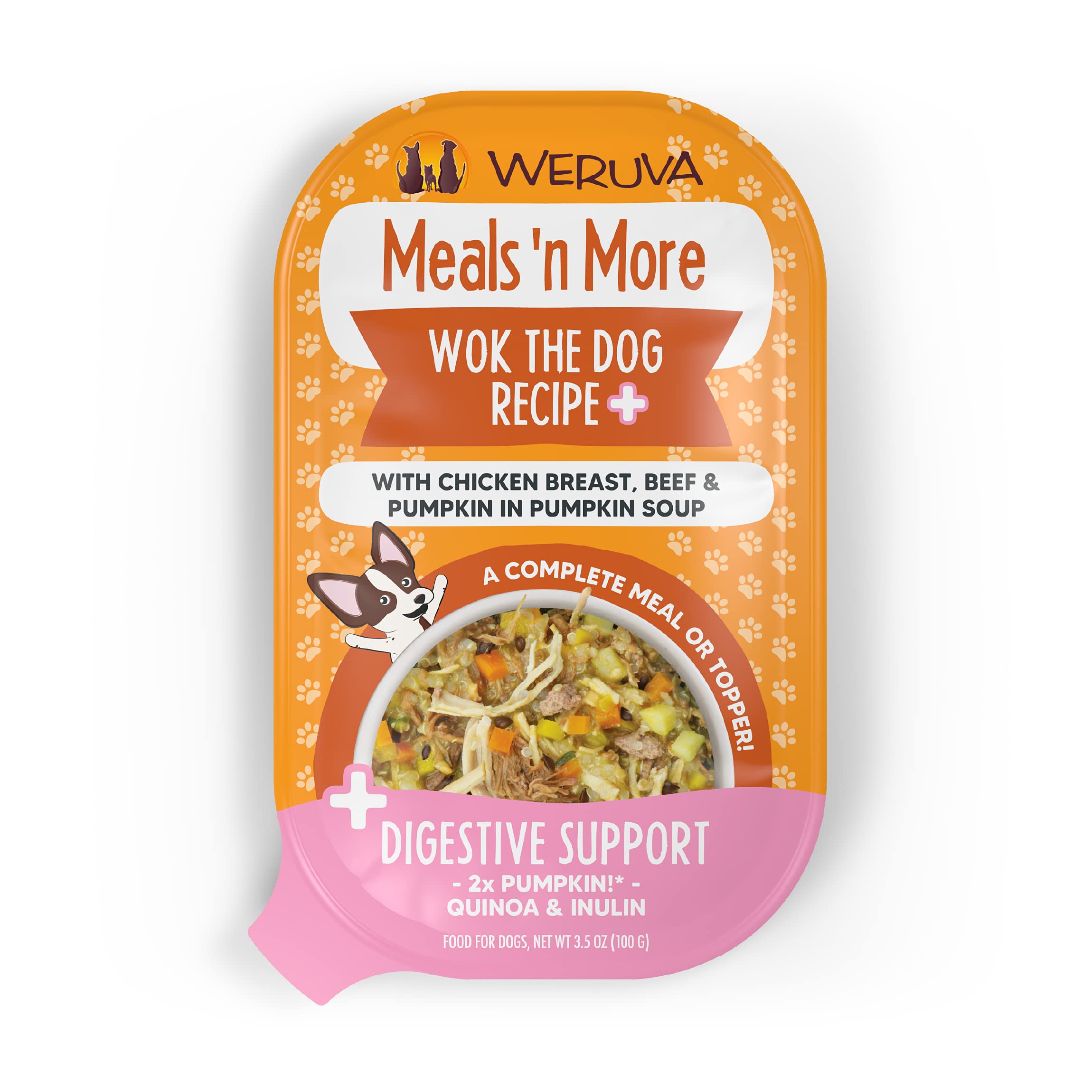 Weruva Meals n More Natural Wet Dog Food, Wok The Dog Plus Digestive Support, 3.5oz Cup (Pack of 12)
