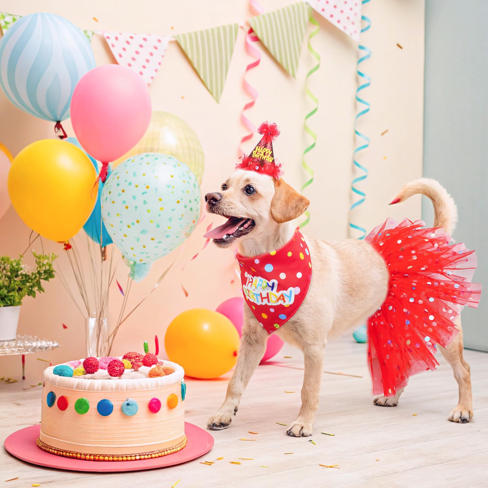 SCENEREAL Dog Birthday Bandana Set with Hat & Tutu Skirt, Red, Small Dogs, Polyester
