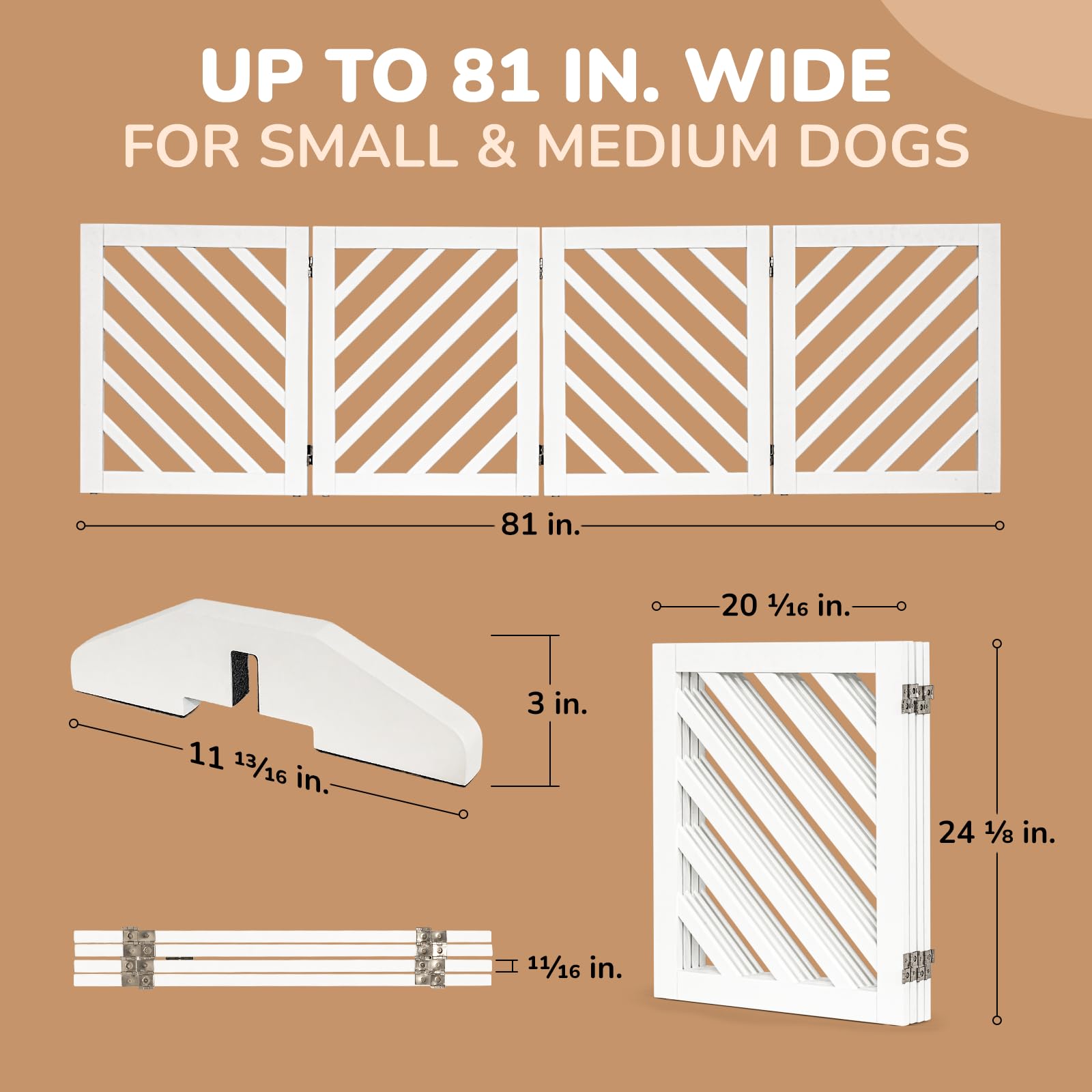 dCee Solid Acacia Wood Dog Gate - Freestanding Extra Wide 81" Pet Gate, White, Foldable with 4 Panels & 2 Support Legs