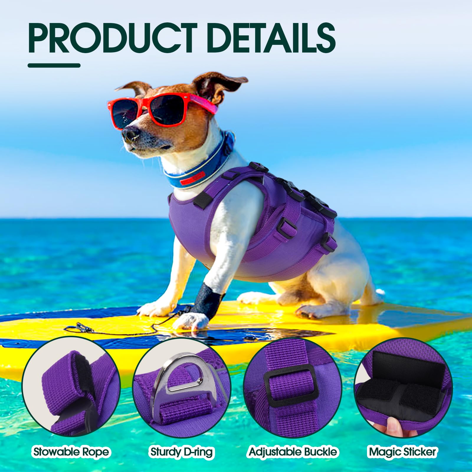 Kuoser Dog Life Jacket - High Flotation Vest for Swimming, Large Size, Purple, Durable Ripstop Oxford & Nylon, Reflective Safety Handle
