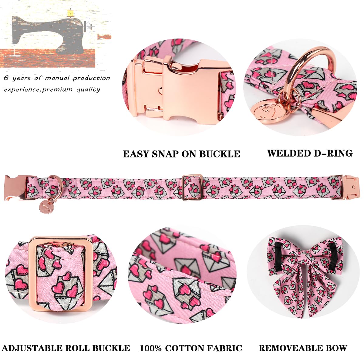Dogwong Valentine'S Day Dog Collar With Saolor Bowtie, Adjustable Durable Pink Heart Collar For Small Medium Dogs